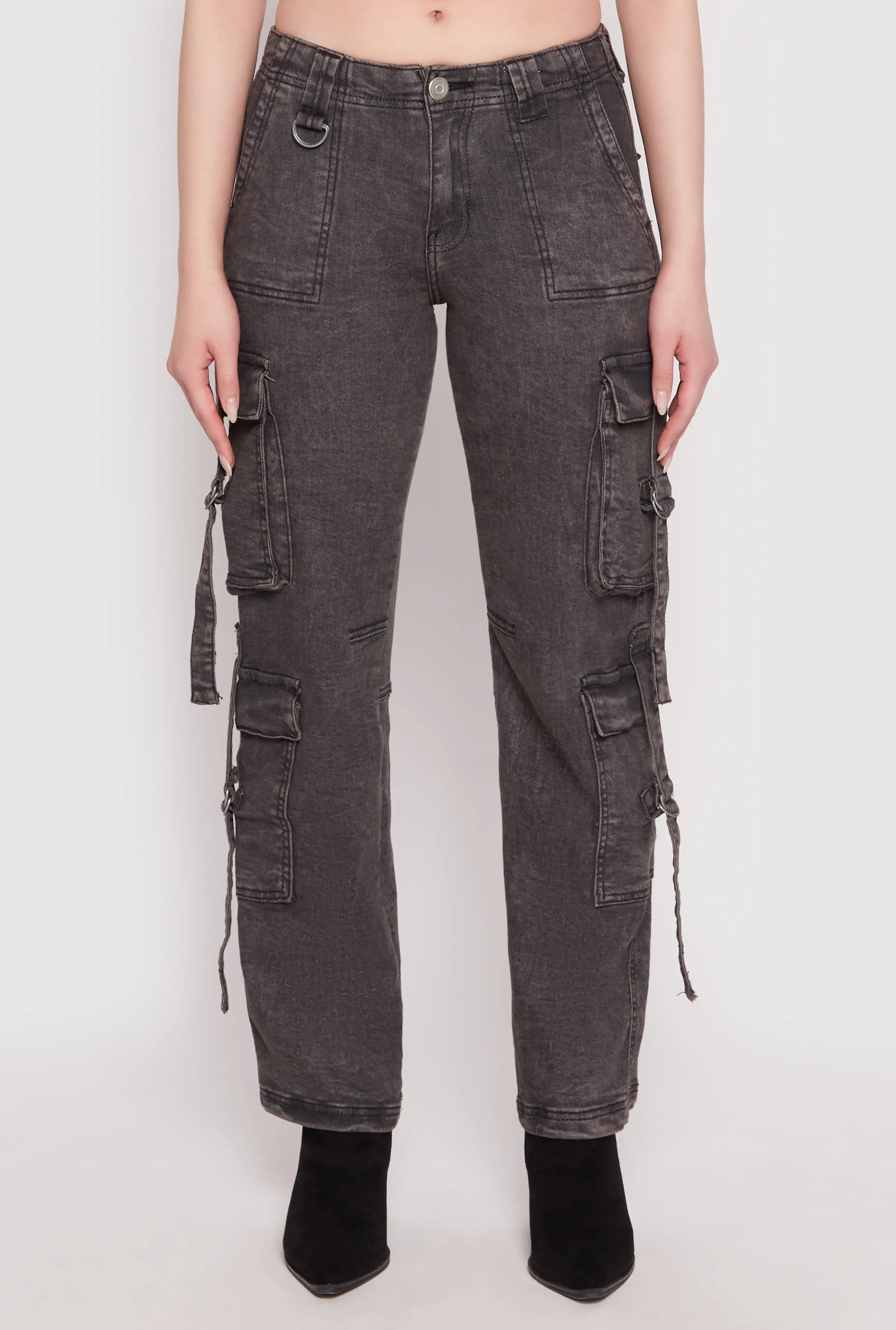 Acid Wash Low Rise Cargo Jeans