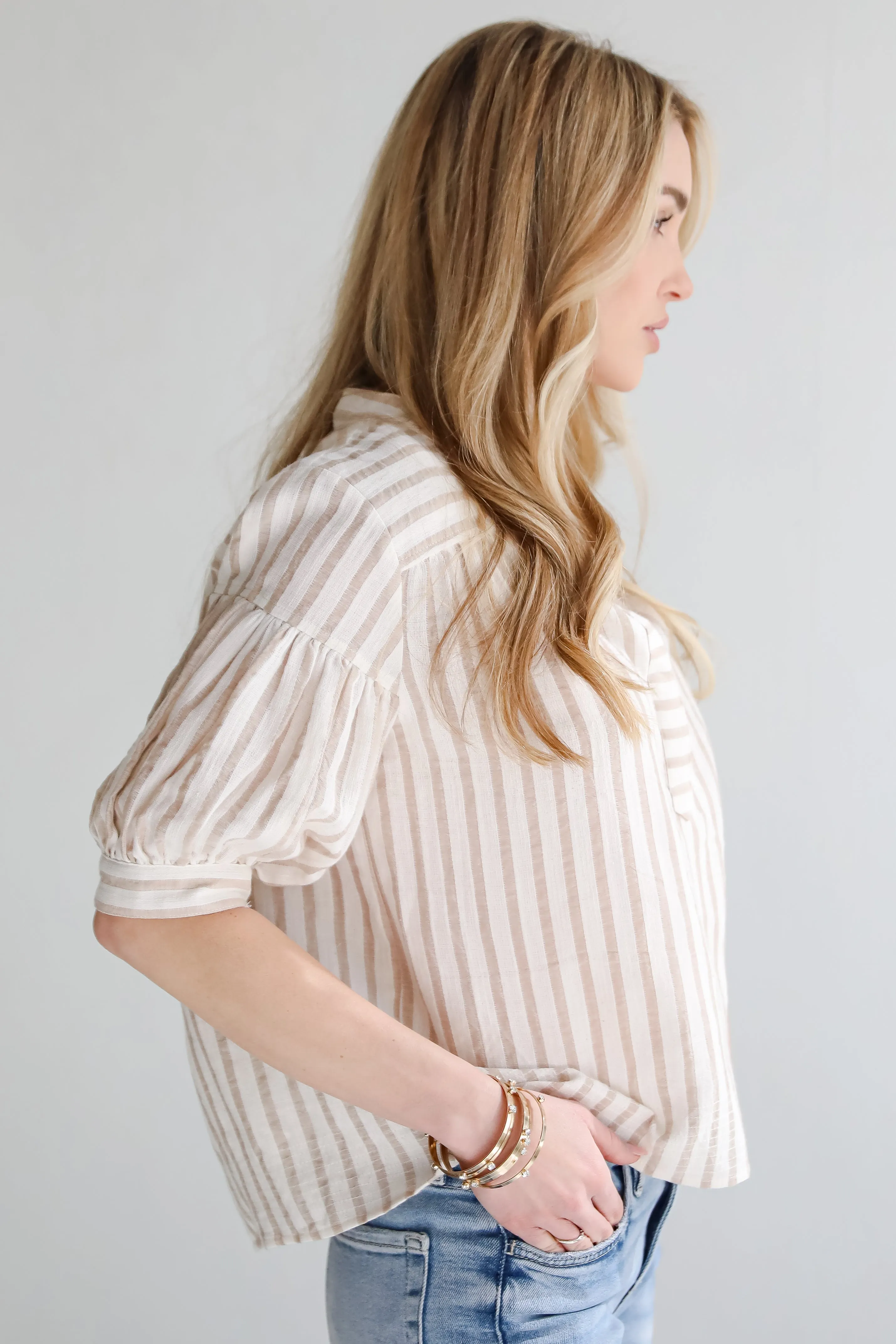Blissfully Beaming Taupe Striped Blouse