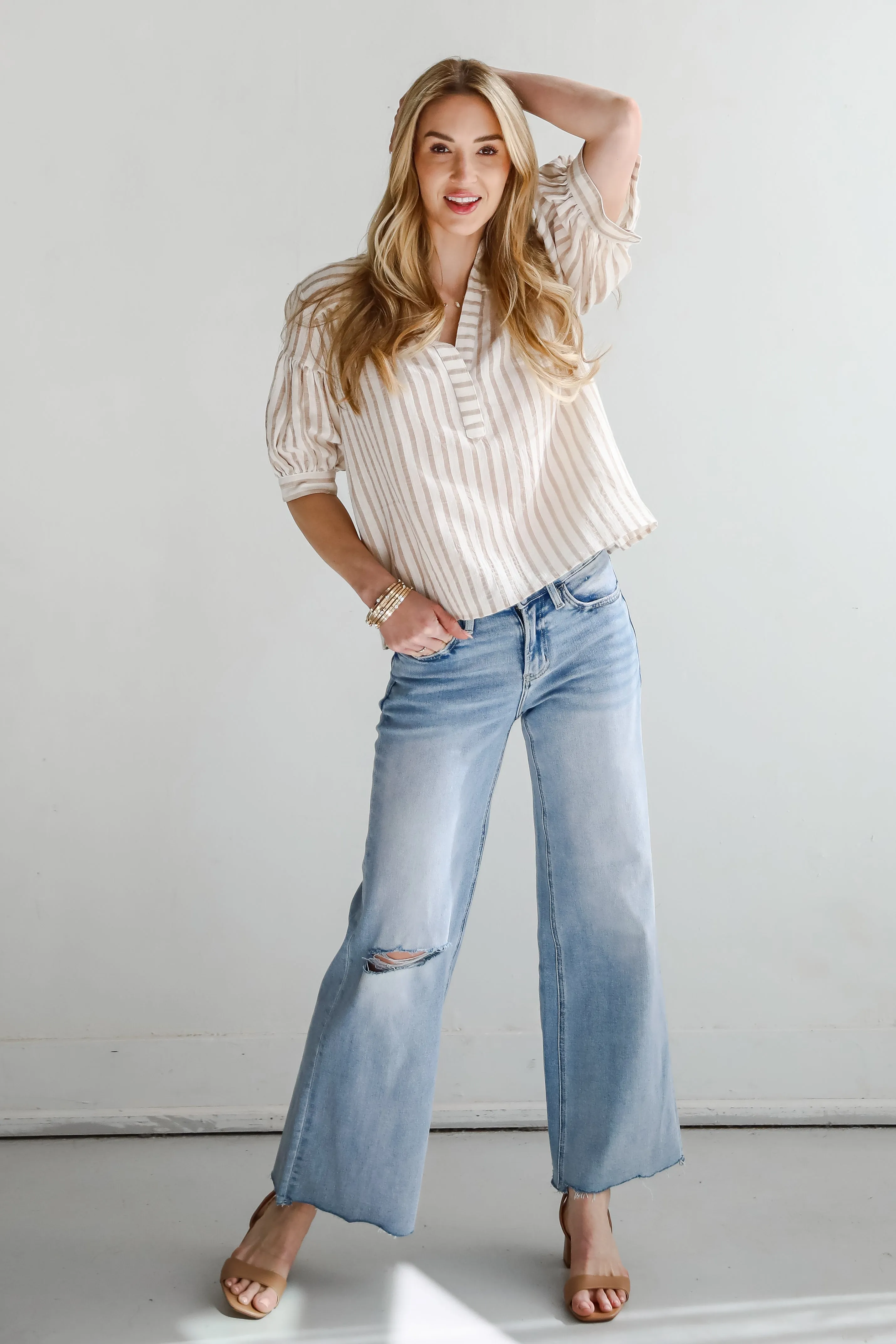Blissfully Beaming Taupe Striped Blouse