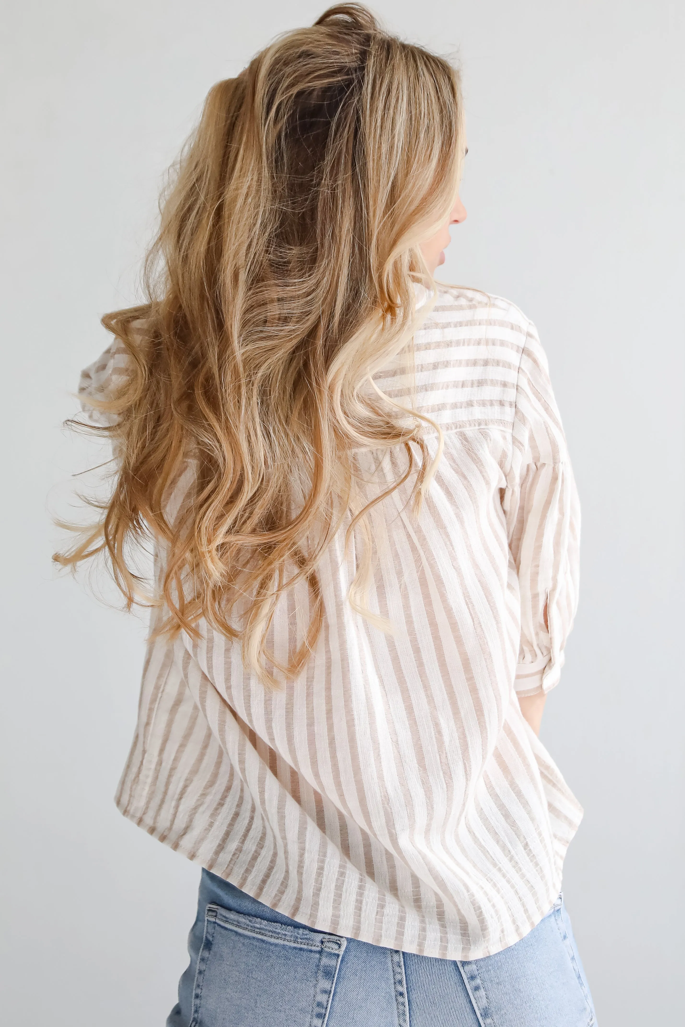 Blissfully Beaming Taupe Striped Blouse