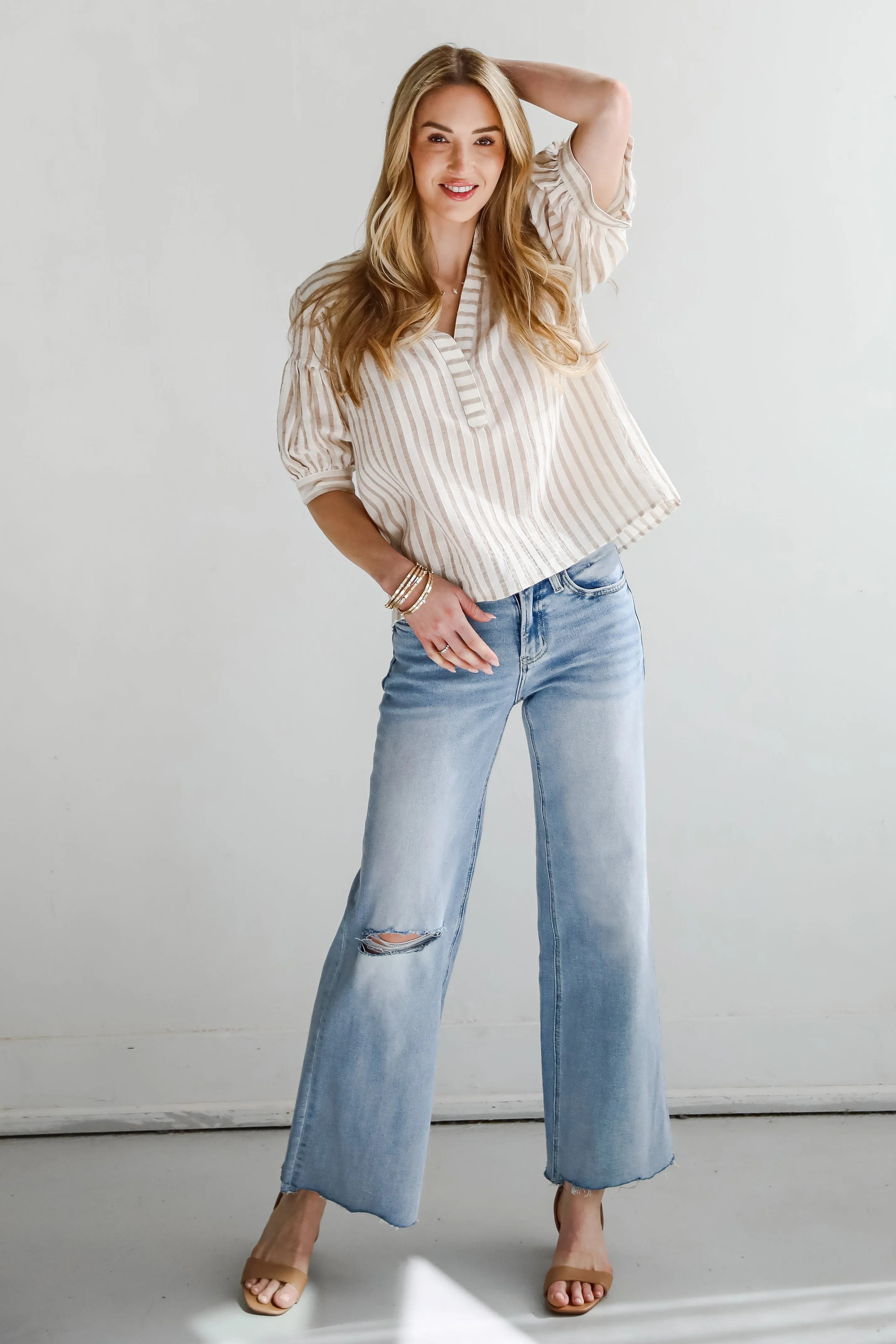 Blissfully Beaming Taupe Striped Blouse