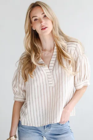 Blissfully Beaming Taupe Striped Blouse