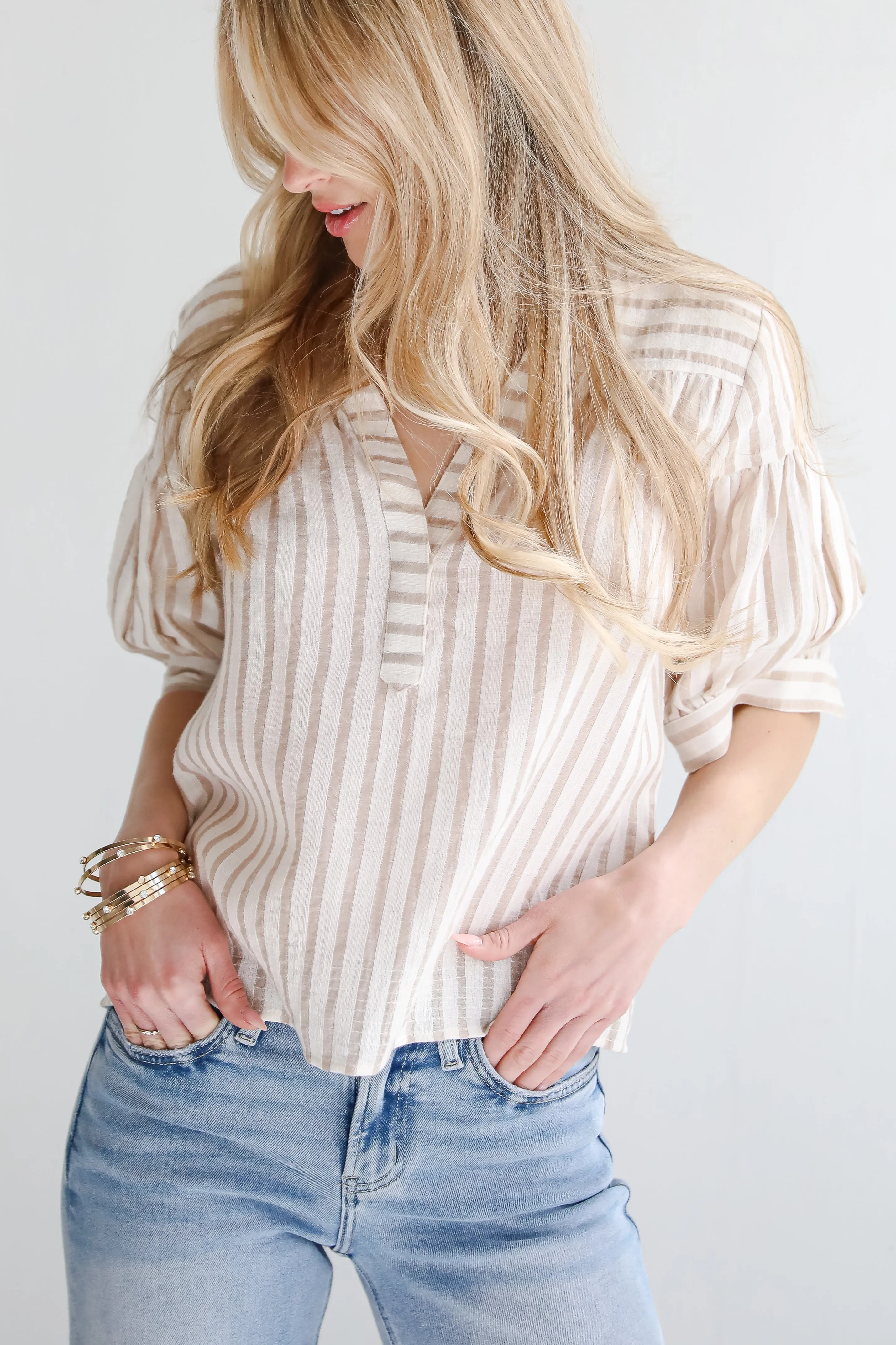 Blissfully Beaming Taupe Striped Blouse