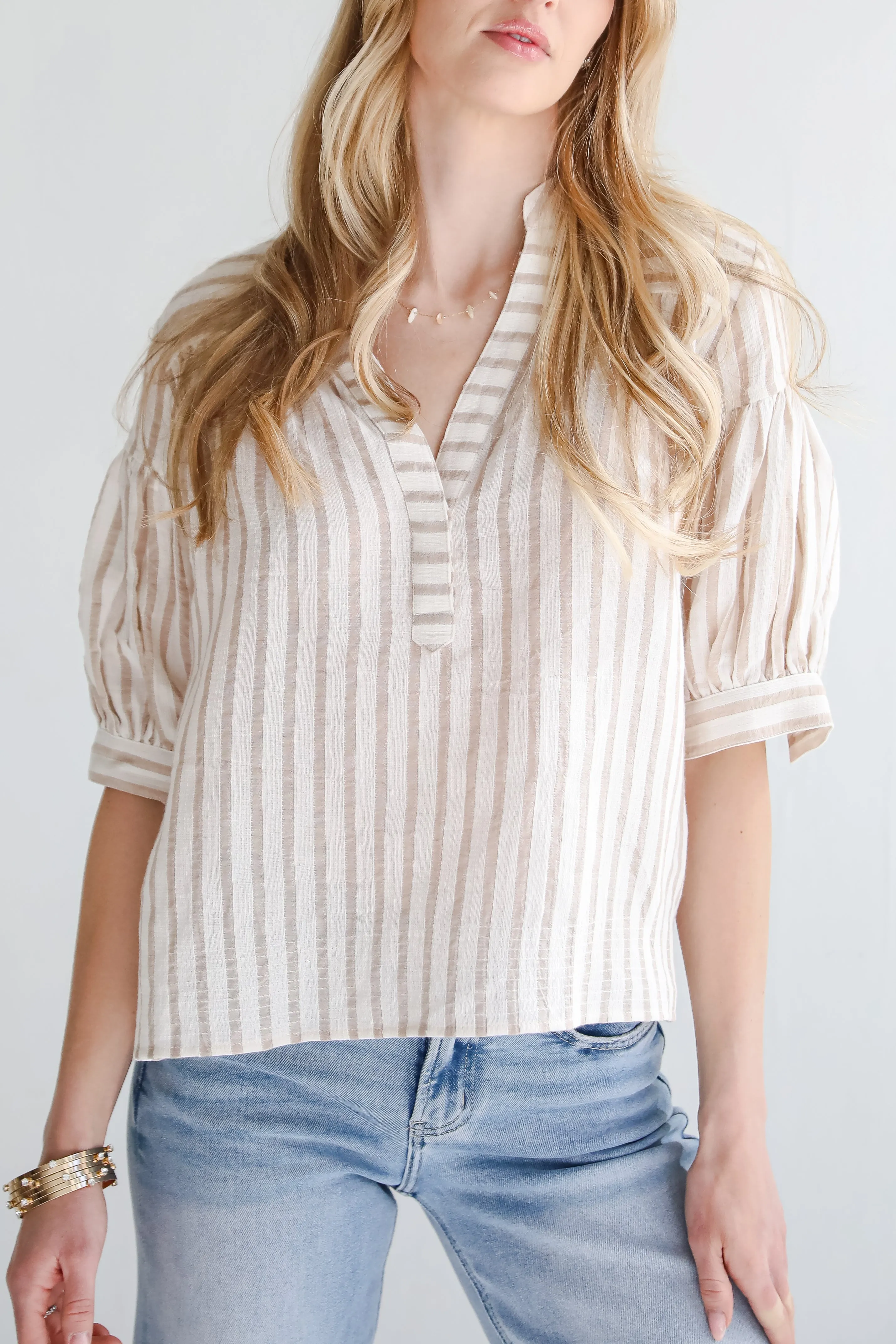 Blissfully Beaming Taupe Striped Blouse