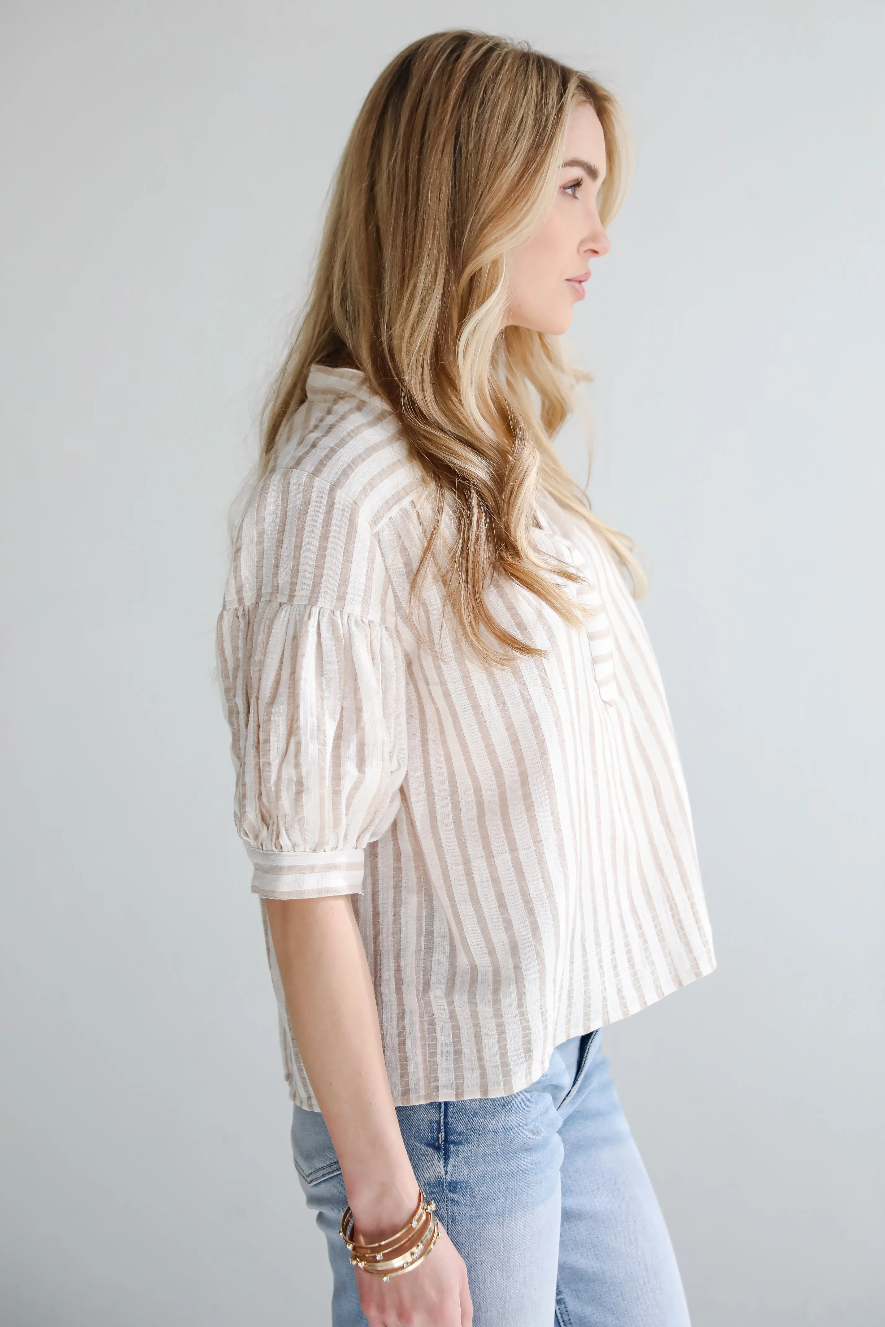 Blissfully Beaming Taupe Striped Blouse
