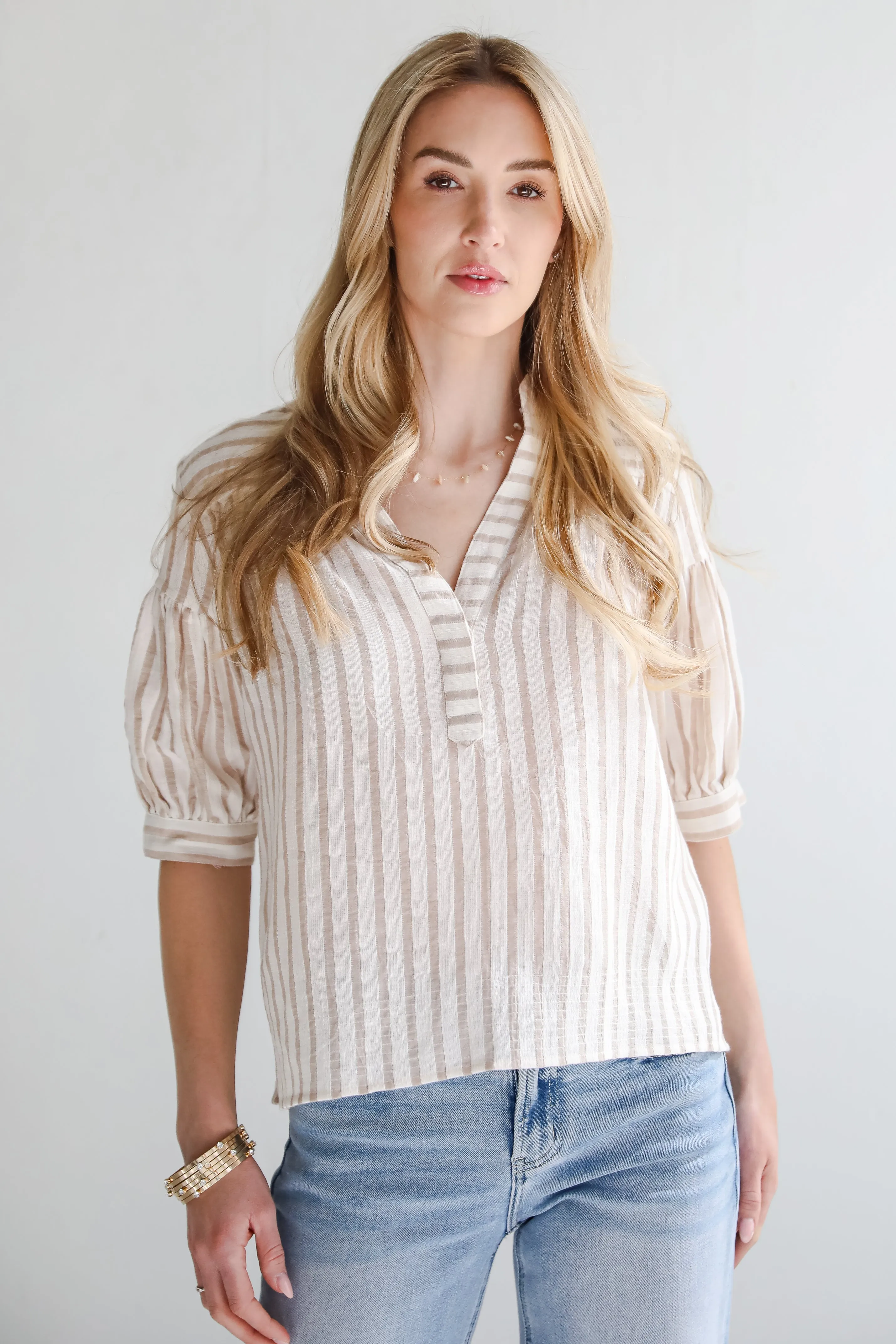 Blissfully Beaming Taupe Striped Blouse