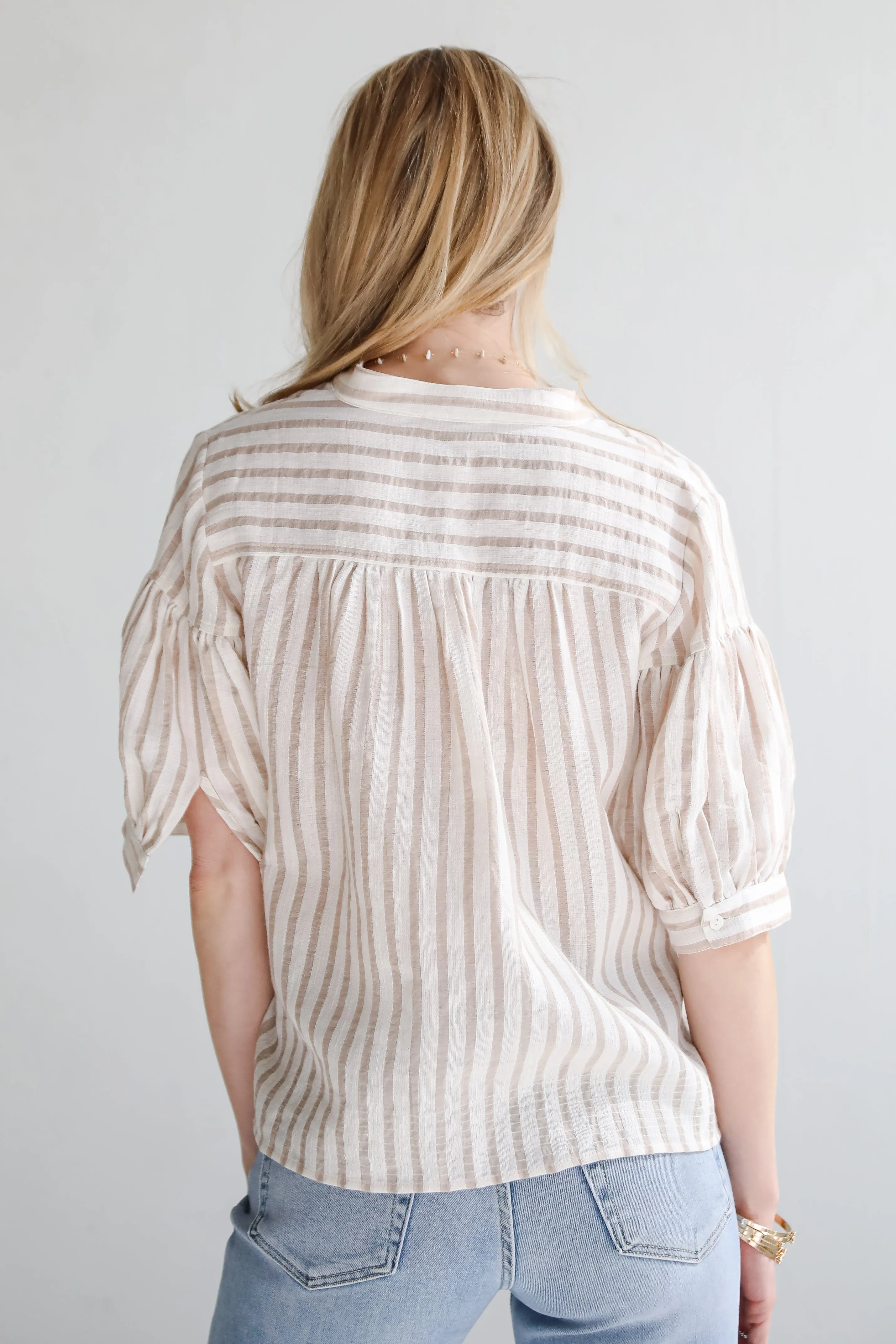 Blissfully Beaming Taupe Striped Blouse