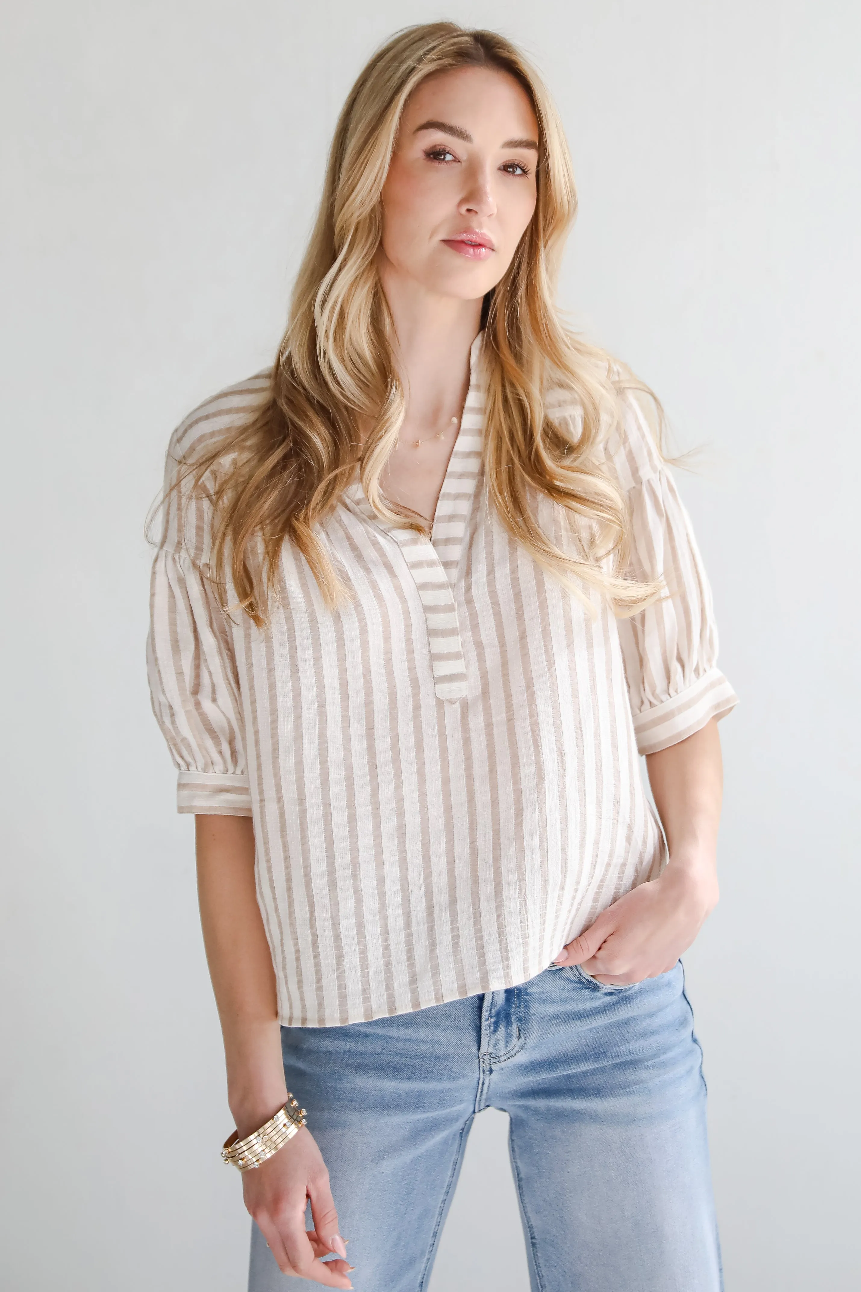 Blissfully Beaming Taupe Striped Blouse