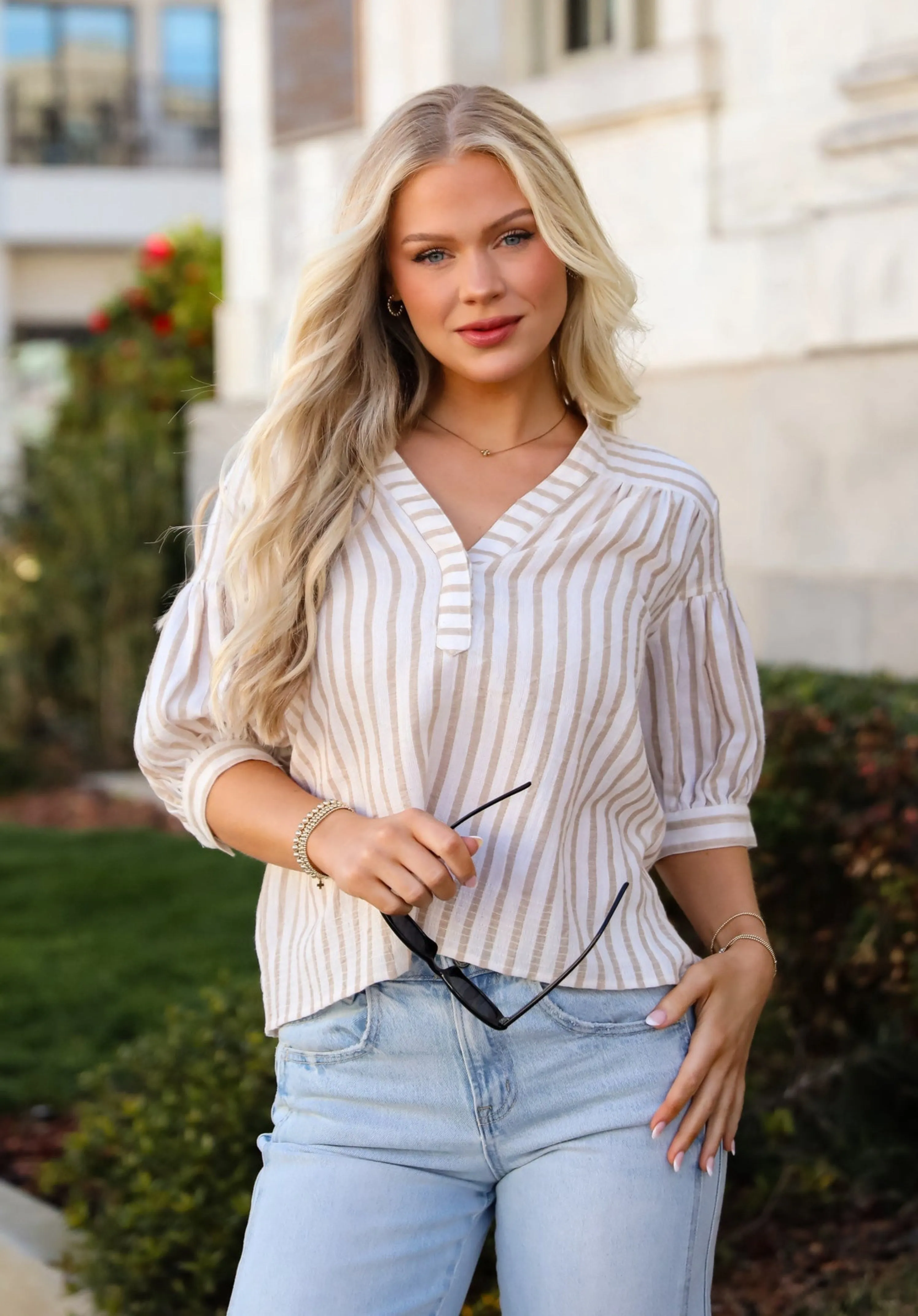 Blissfully Beaming Taupe Striped Blouse
