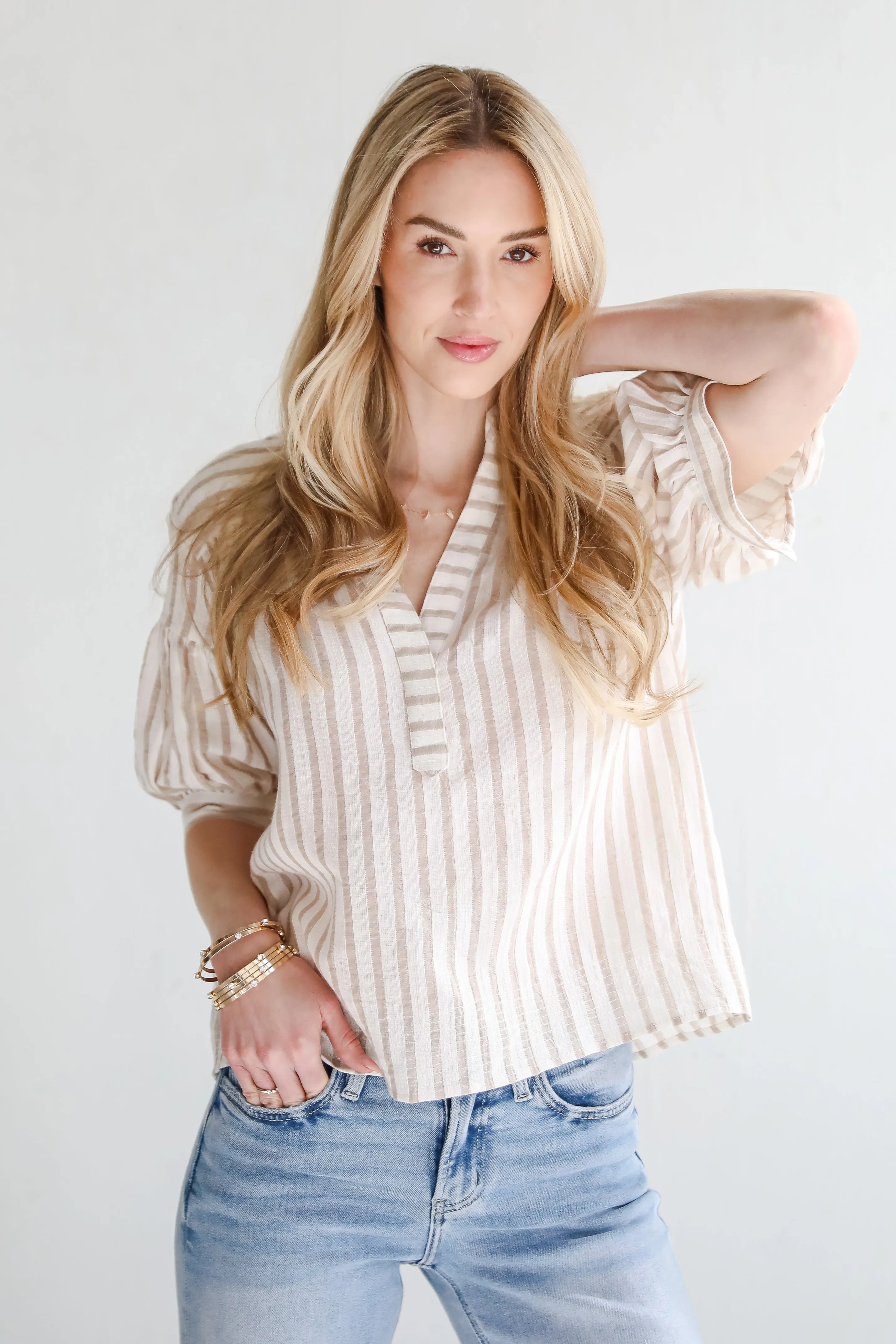 Blissfully Beaming Taupe Striped Blouse