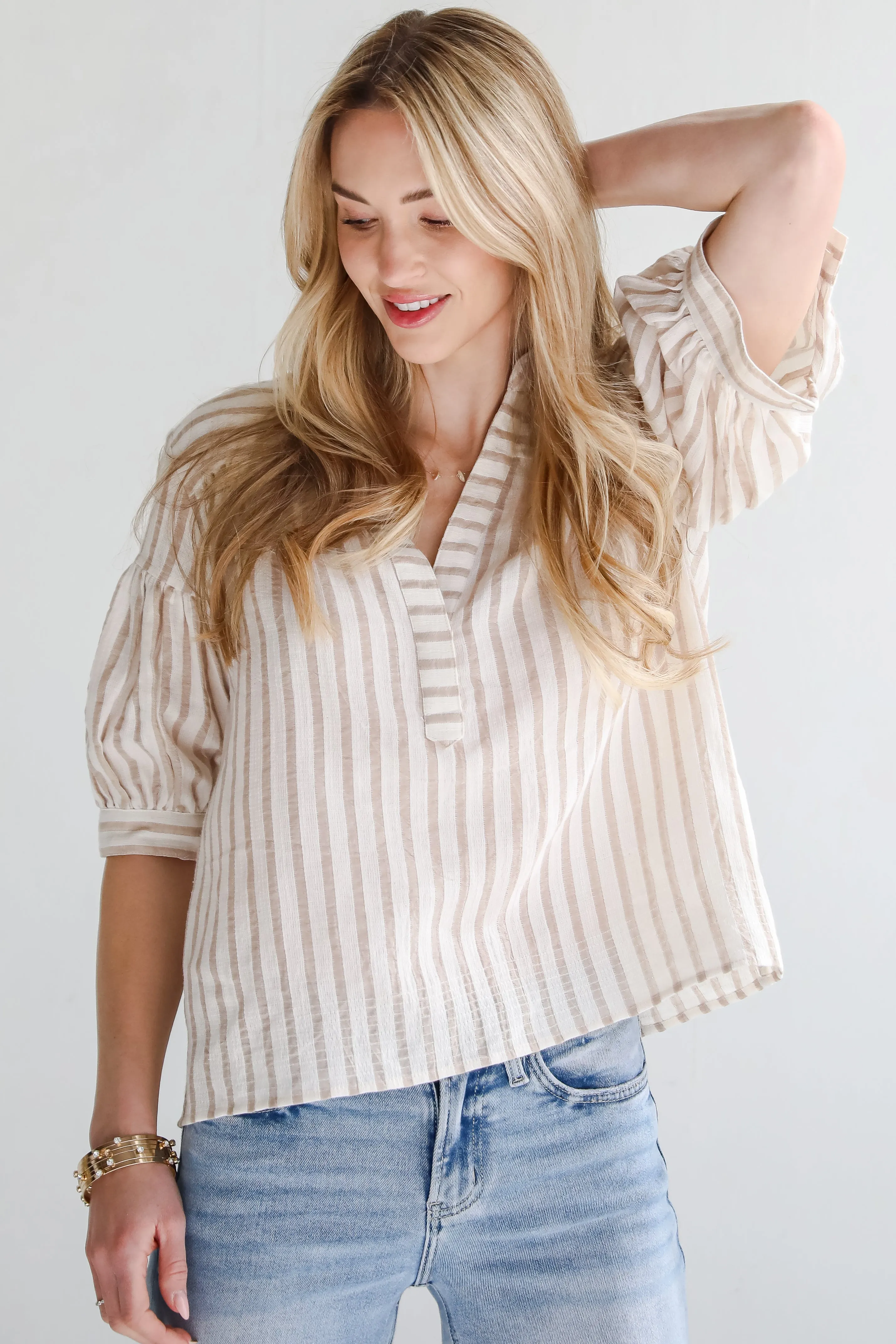 Blissfully Beaming Taupe Striped Blouse