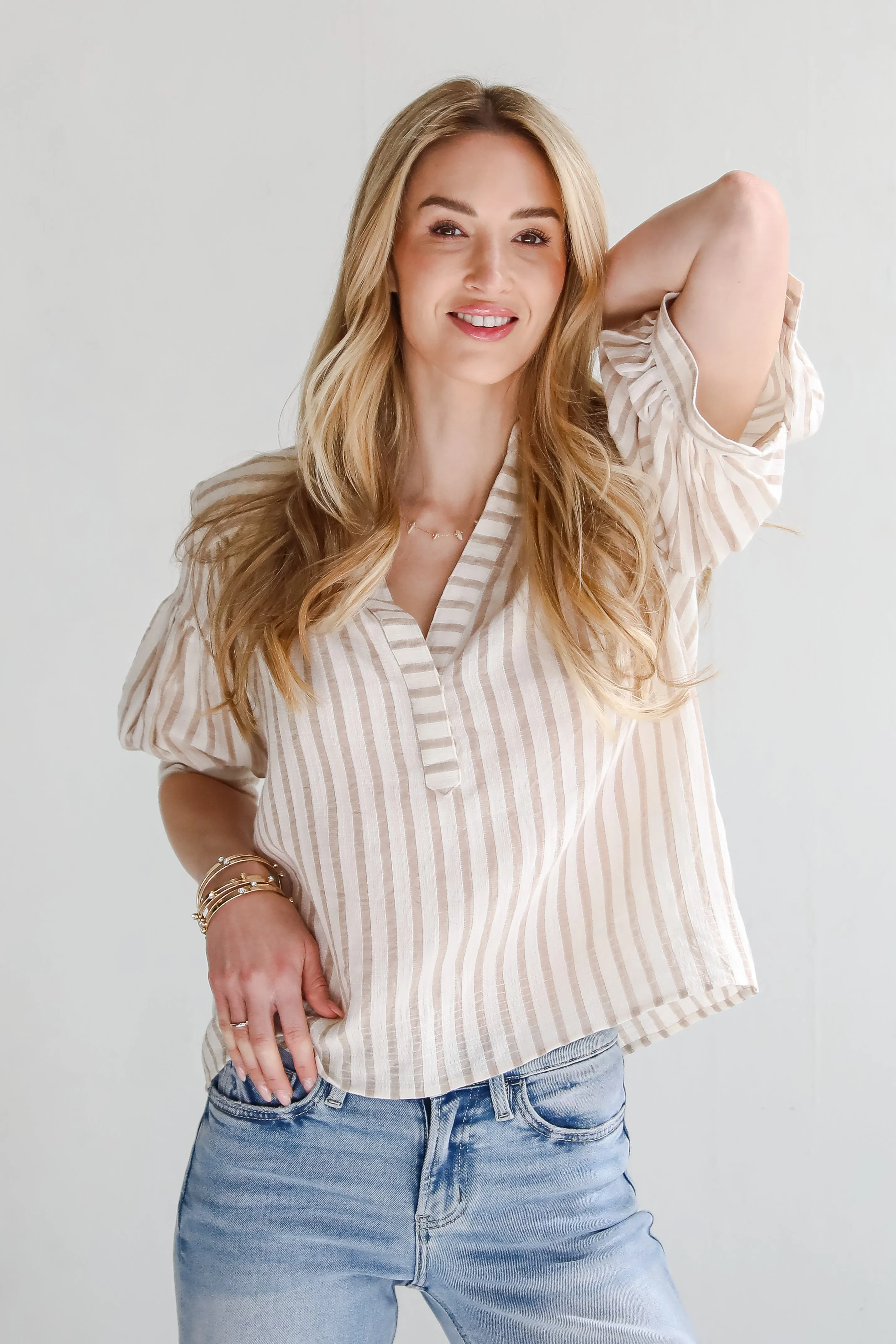 Blissfully Beaming Taupe Striped Blouse