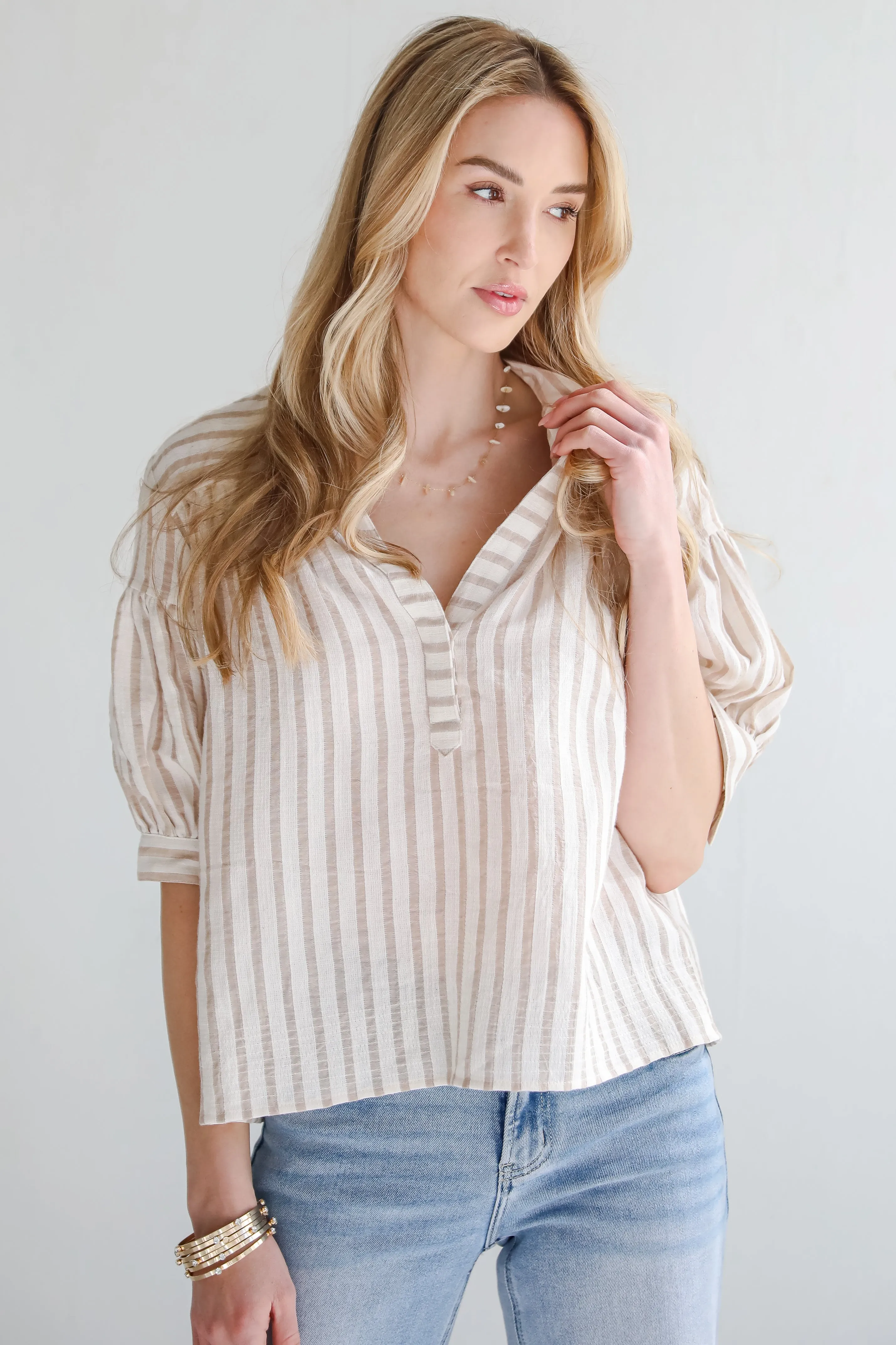 Blissfully Beaming Taupe Striped Blouse