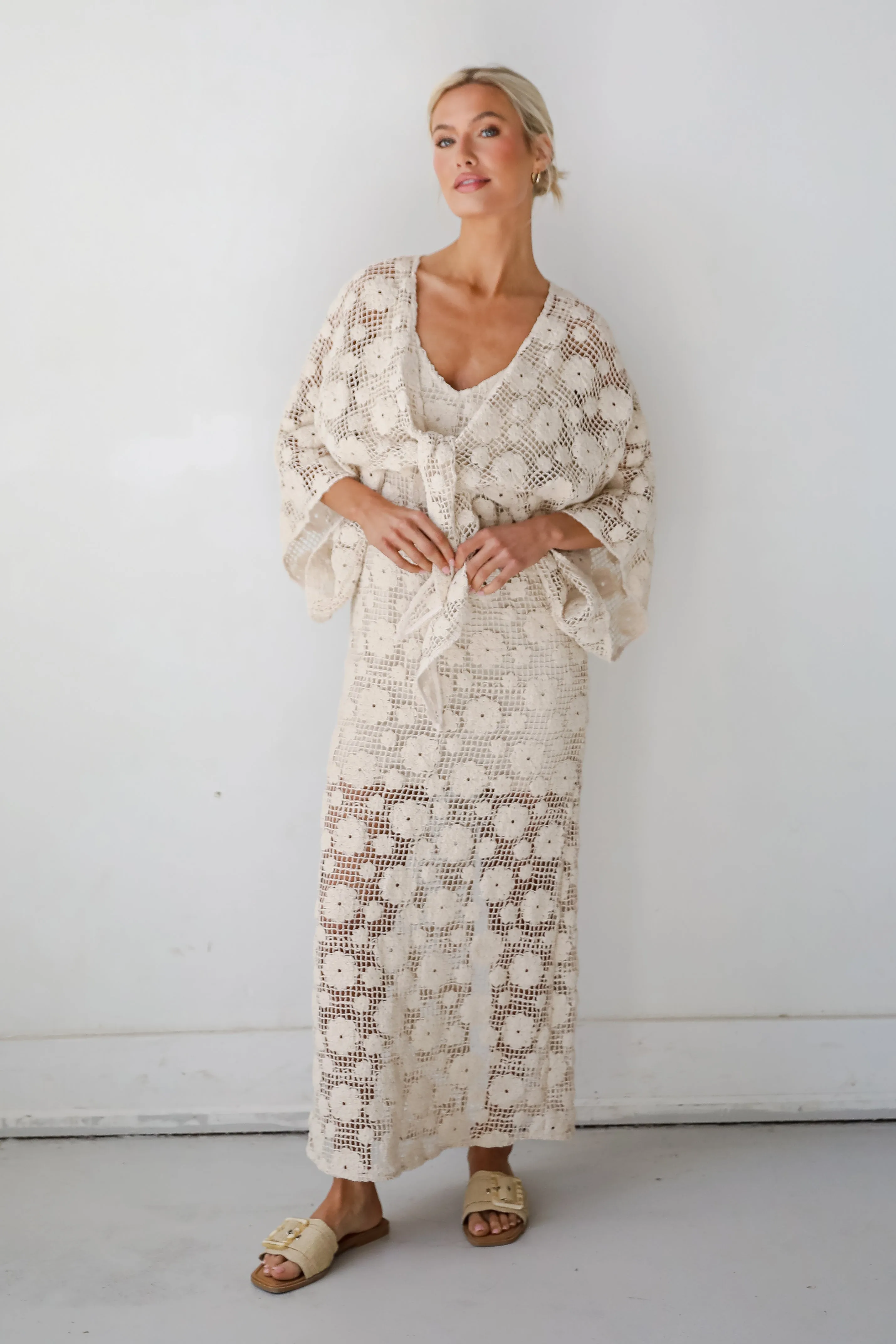 Breezy Demeanor Natural Floral Crochet Tie-Front Top