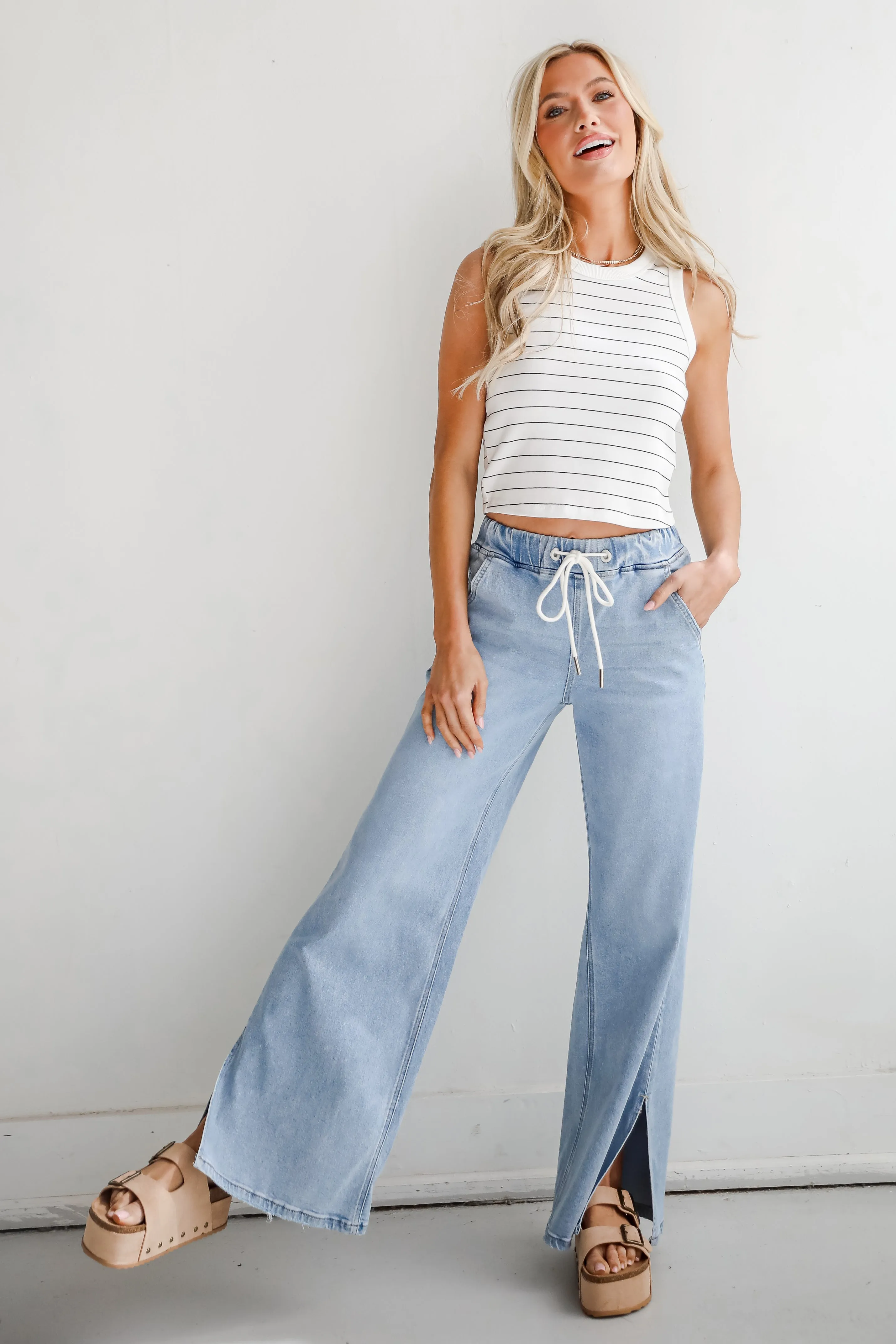 Carla Light Wash High-Rise Drawstring Waist Wide Leg Jeans