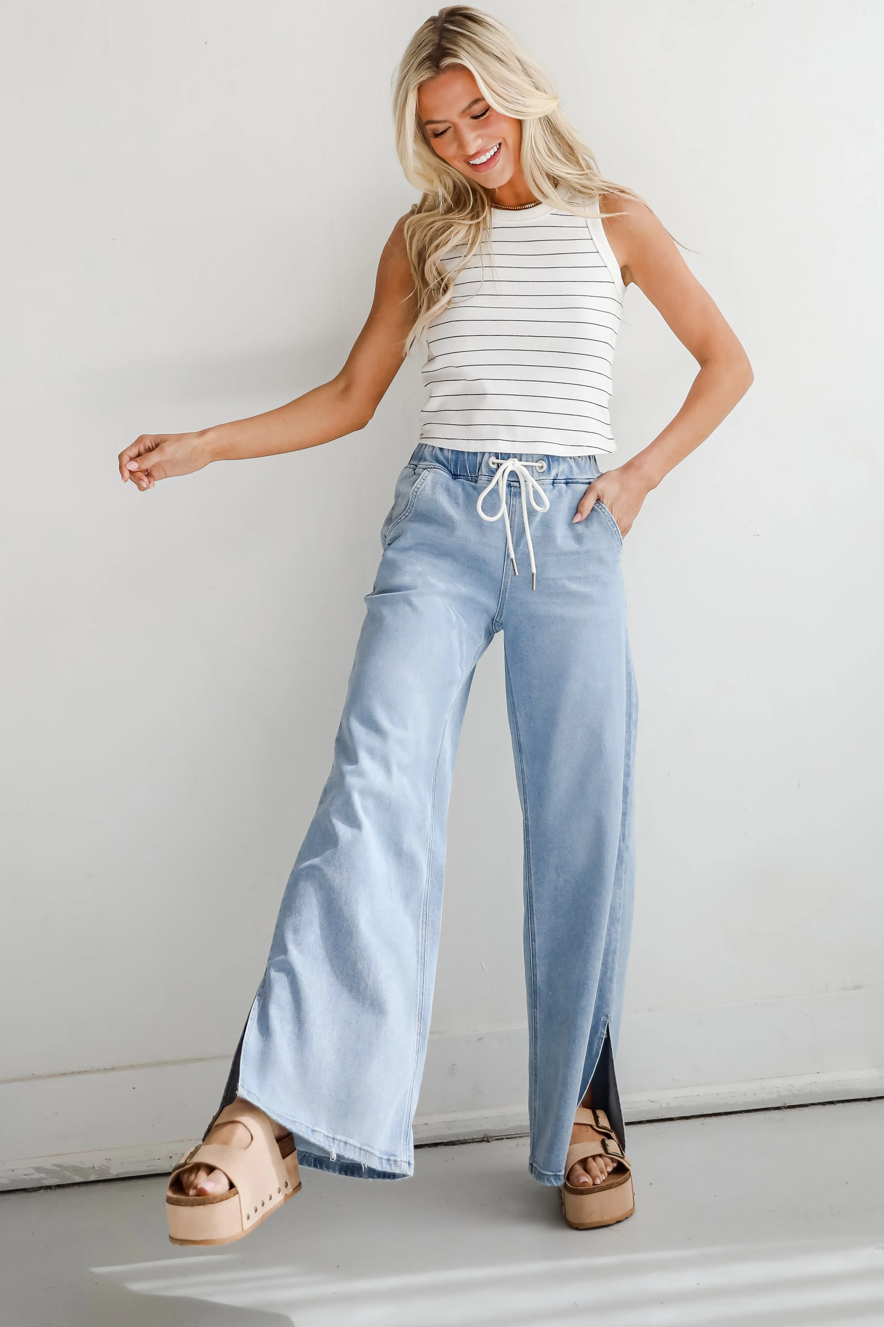 Carla Light Wash High-Rise Drawstring Waist Wide Leg Jeans