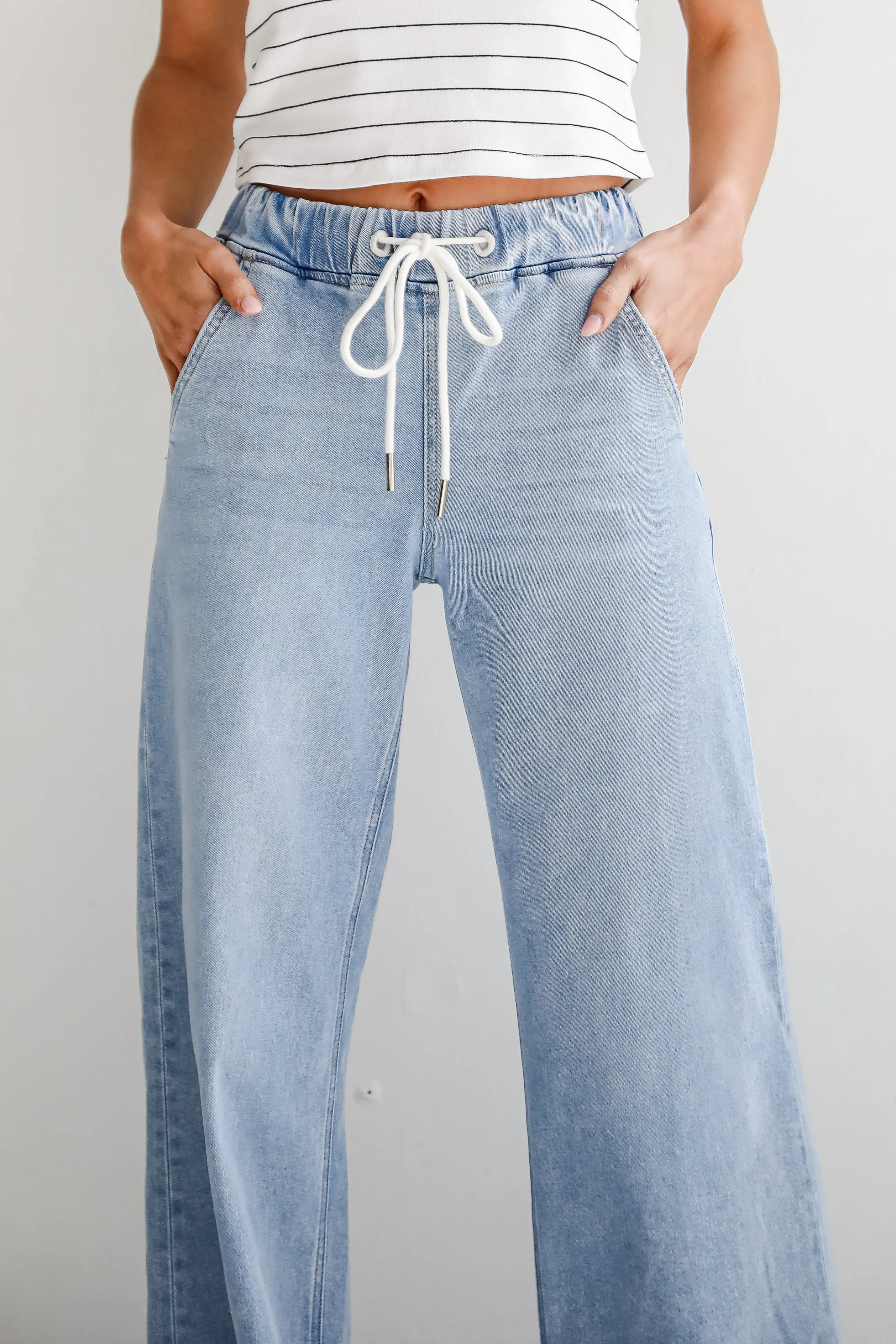 Carla Light Wash High-Rise Drawstring Waist Wide Leg Jeans