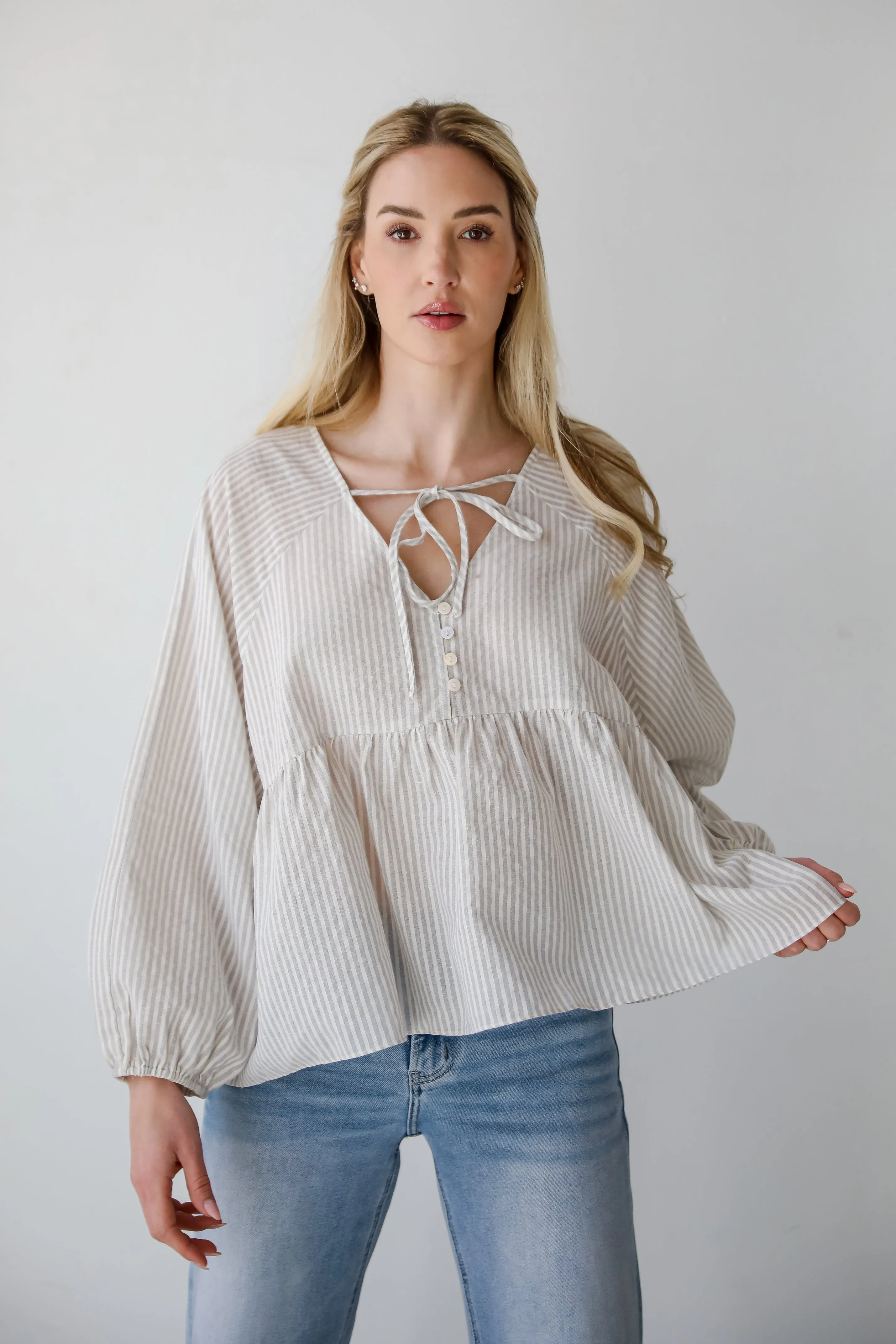 Casually Sophisticated Grey Striped Babydoll Blouse
