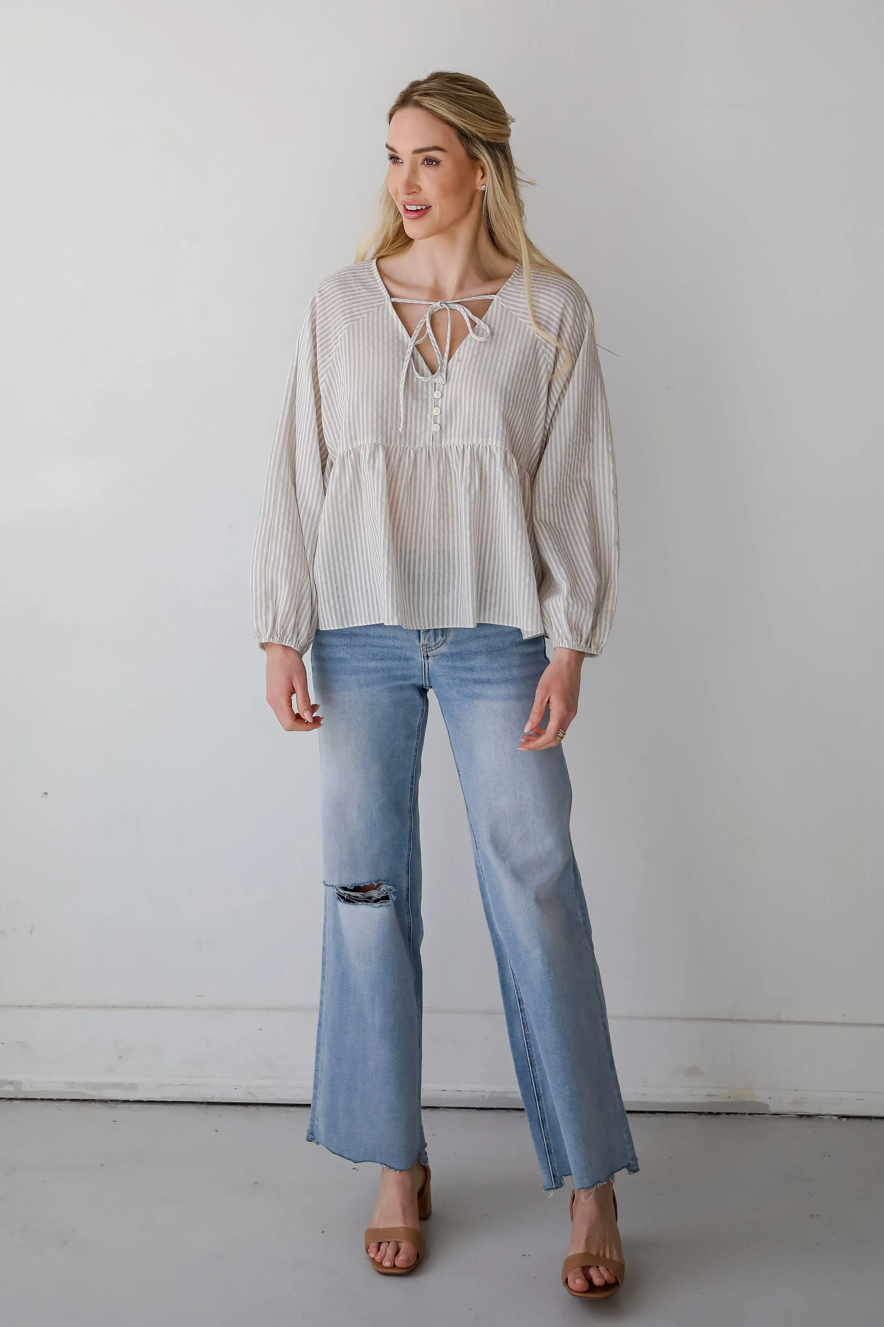 Casually Sophisticated Grey Striped Babydoll Blouse