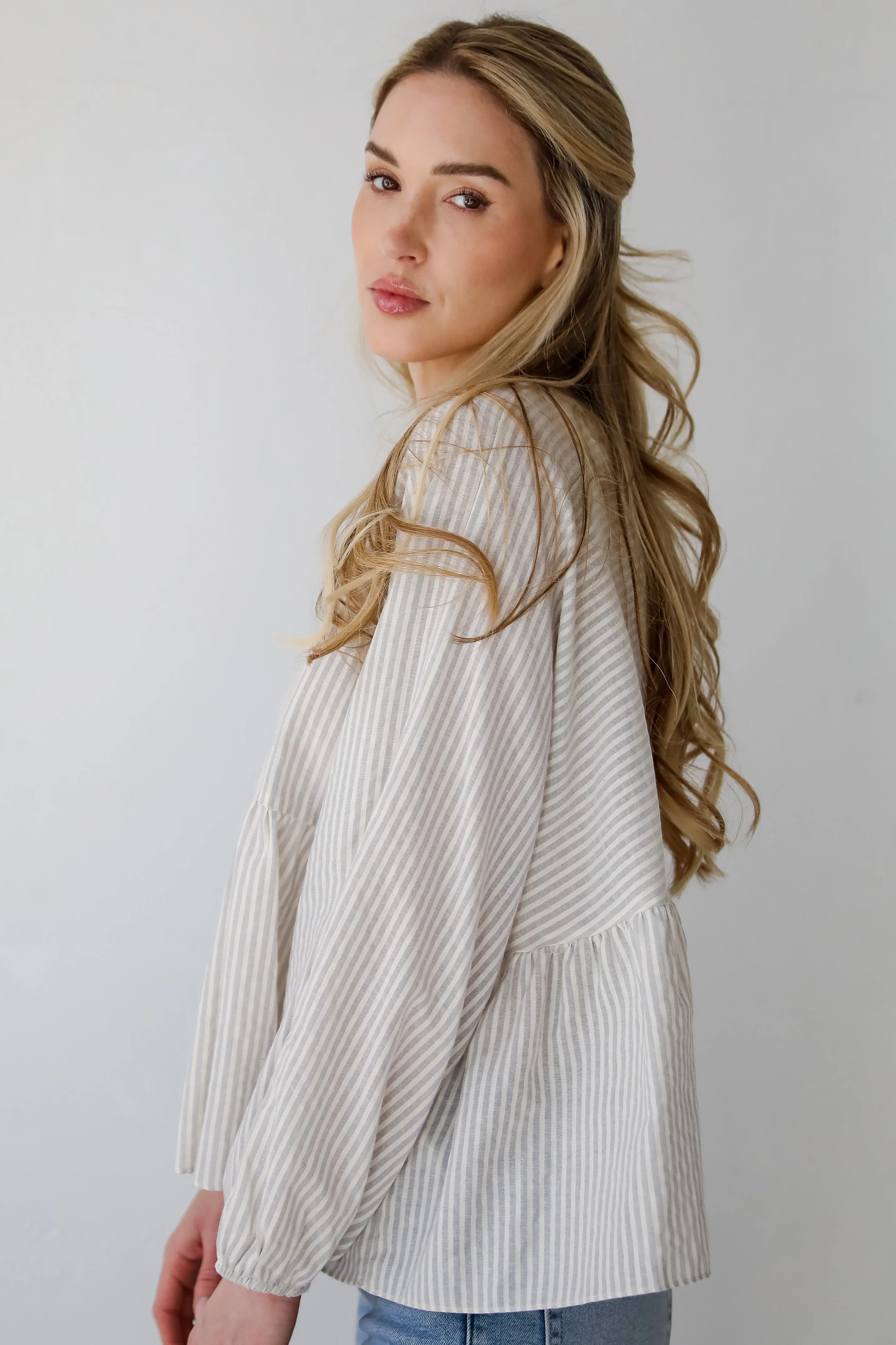 Casually Sophisticated Grey Striped Babydoll Blouse