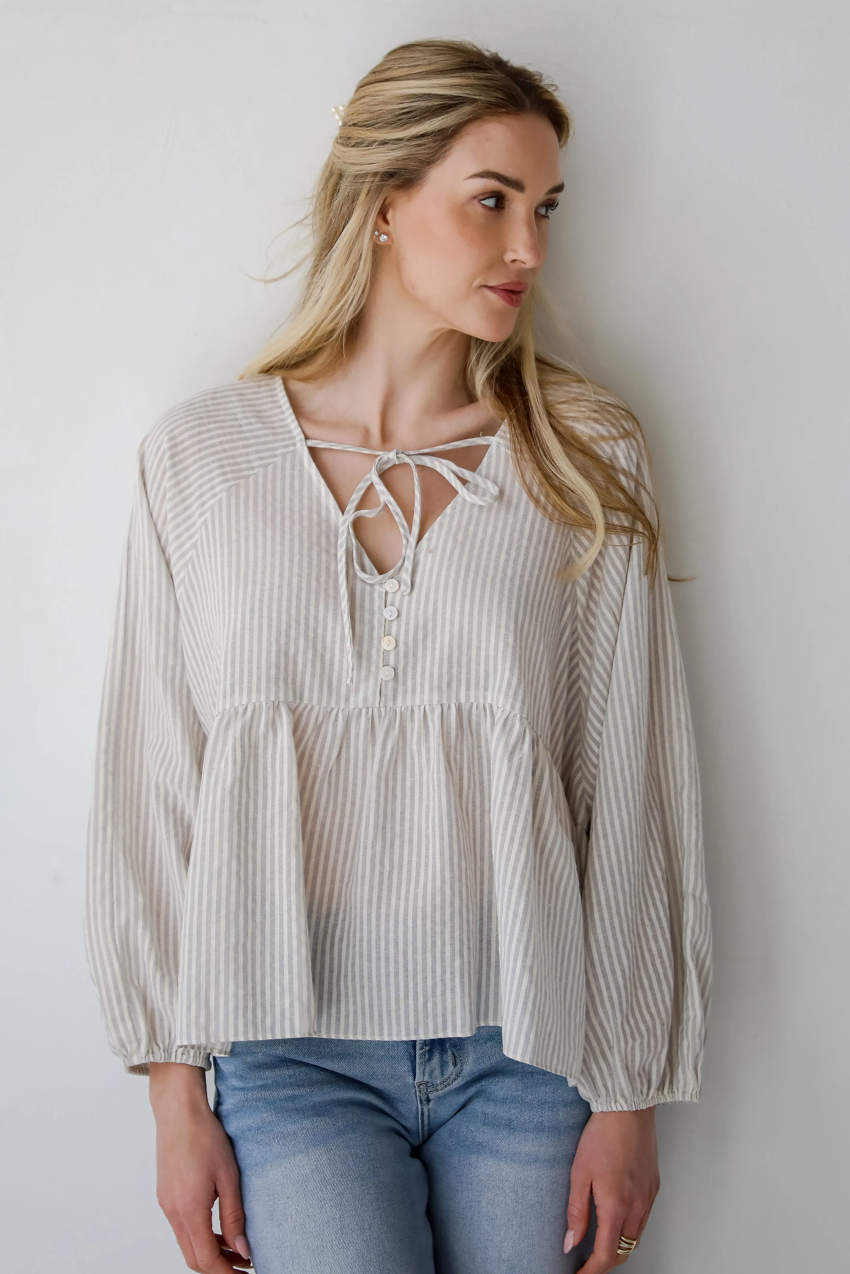 Casually Sophisticated Grey Striped Babydoll Blouse