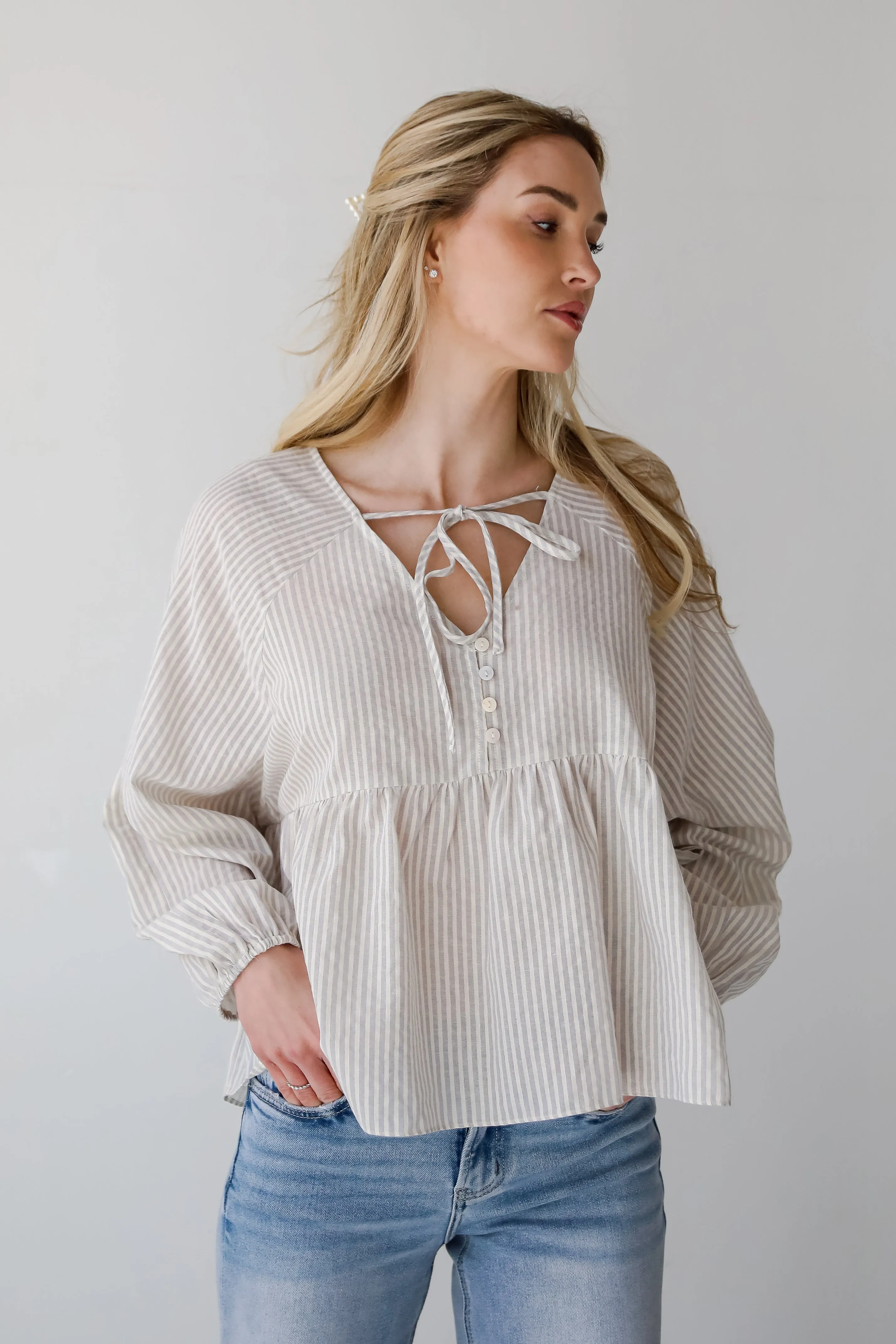 Casually Sophisticated Grey Striped Babydoll Blouse