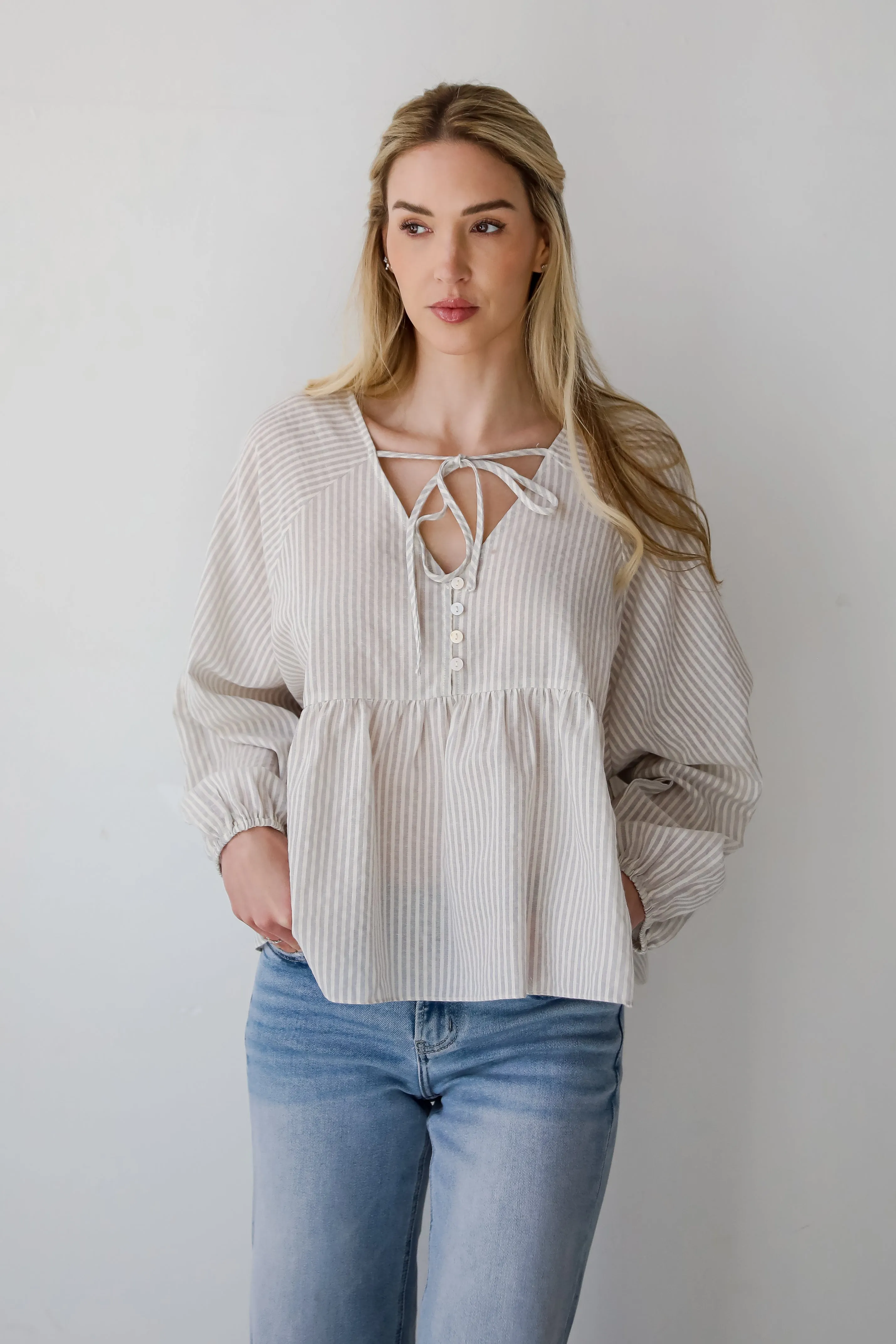 Casually Sophisticated Grey Striped Babydoll Blouse