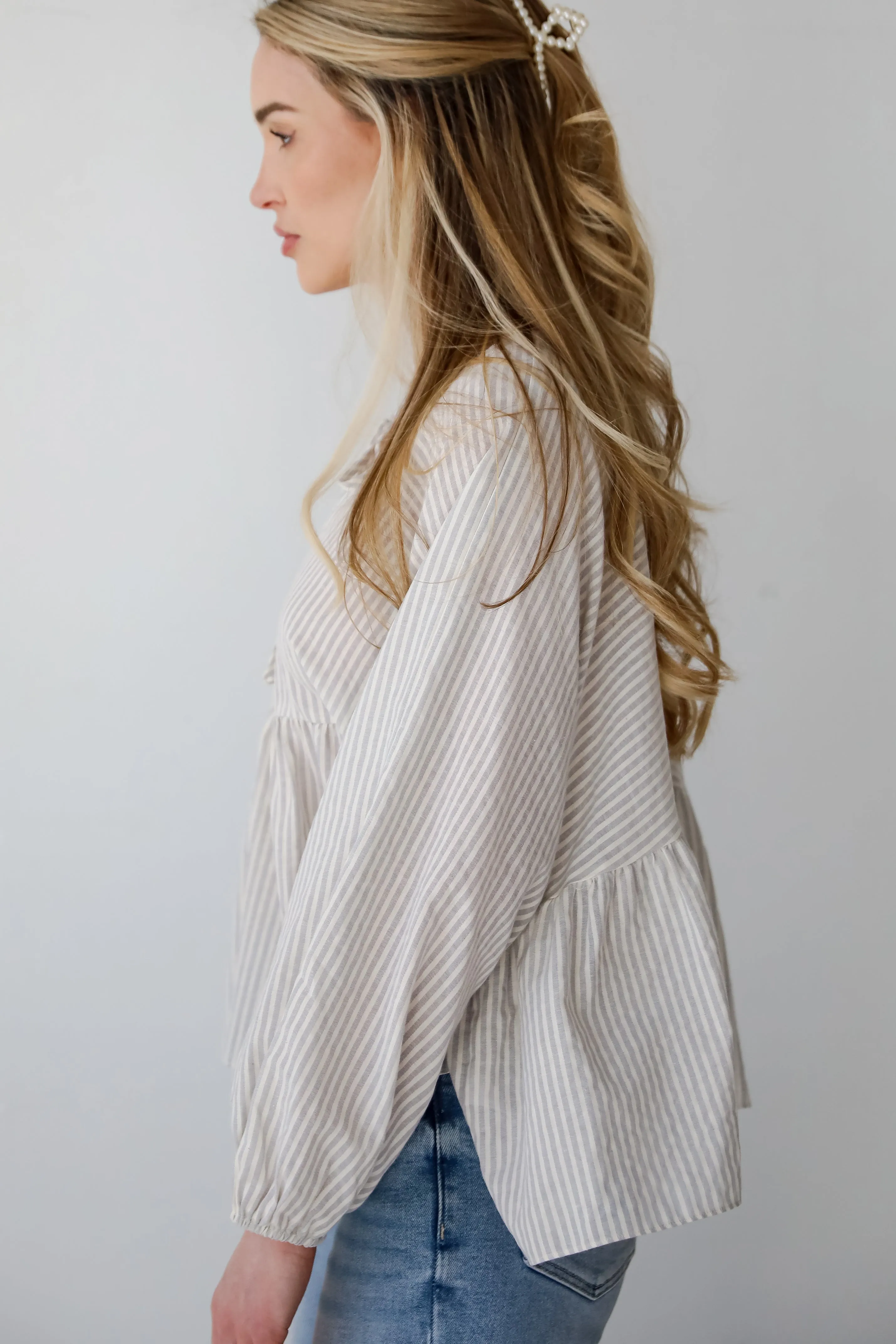 Casually Sophisticated Grey Striped Babydoll Blouse