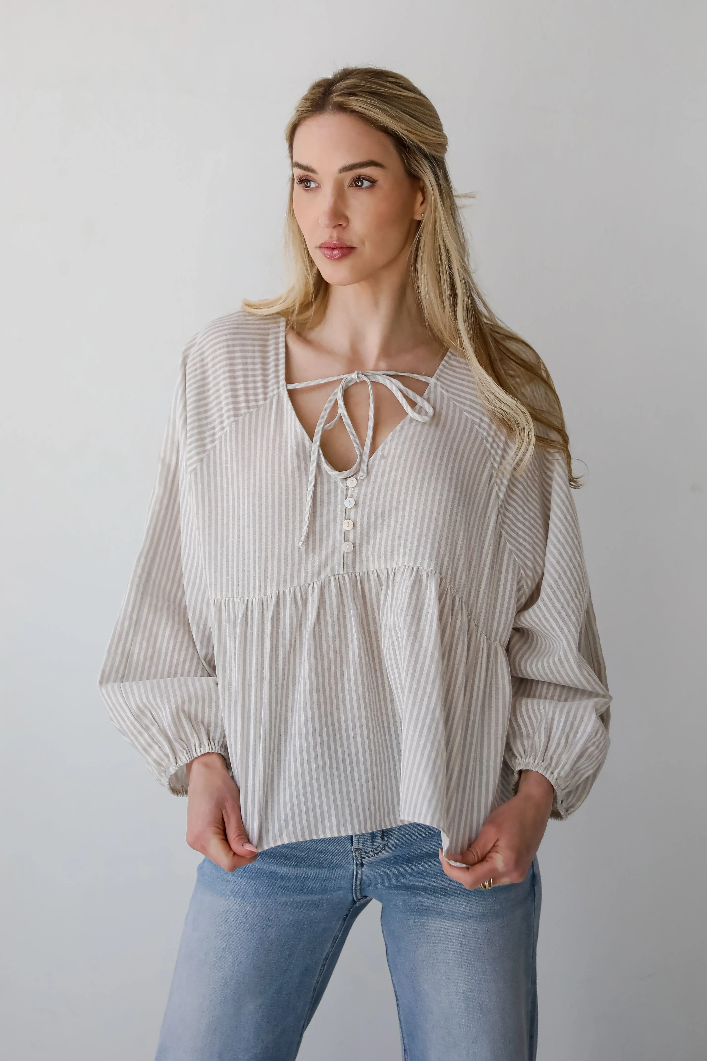 Casually Sophisticated Grey Striped Babydoll Blouse