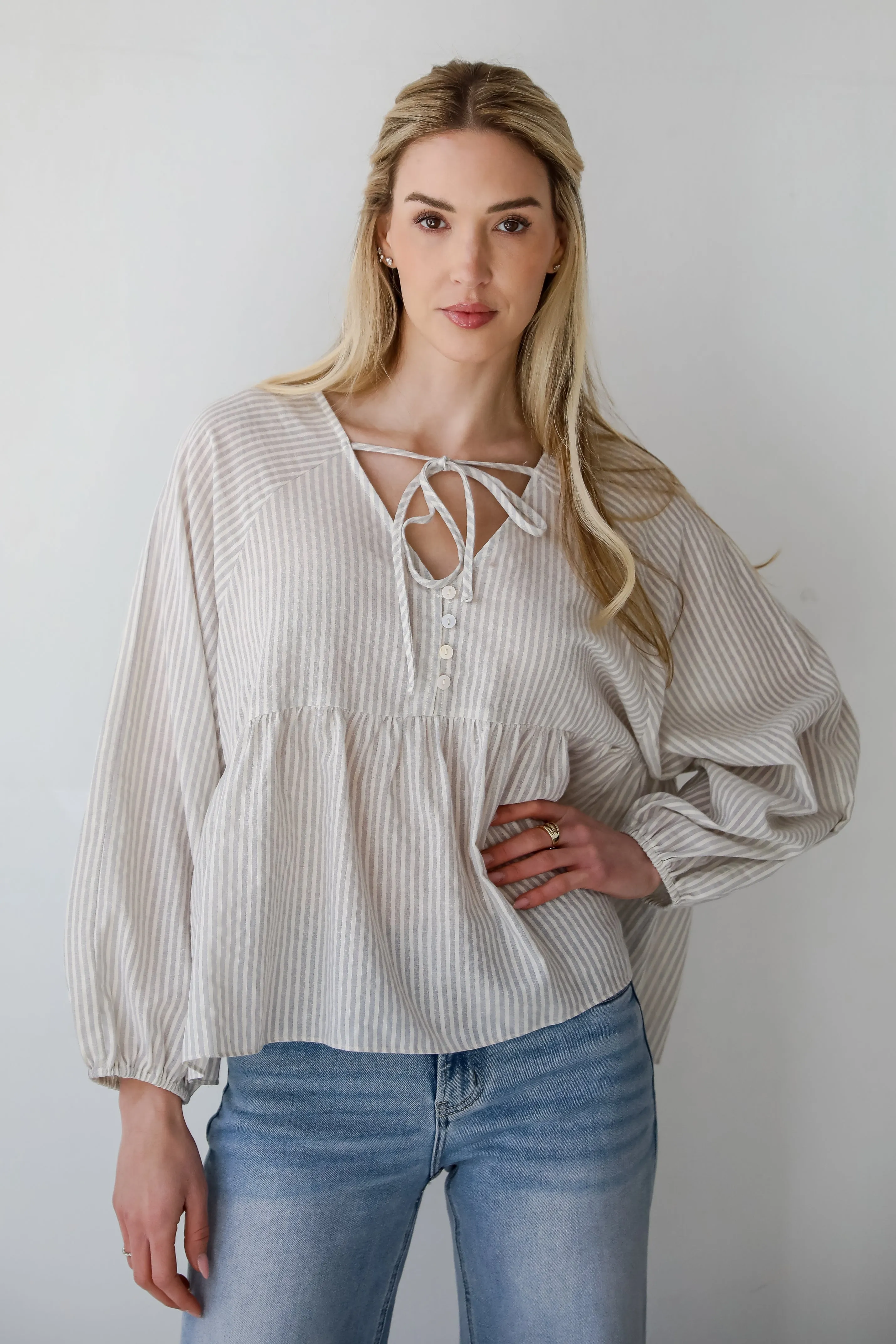 Casually Sophisticated Grey Striped Babydoll Blouse