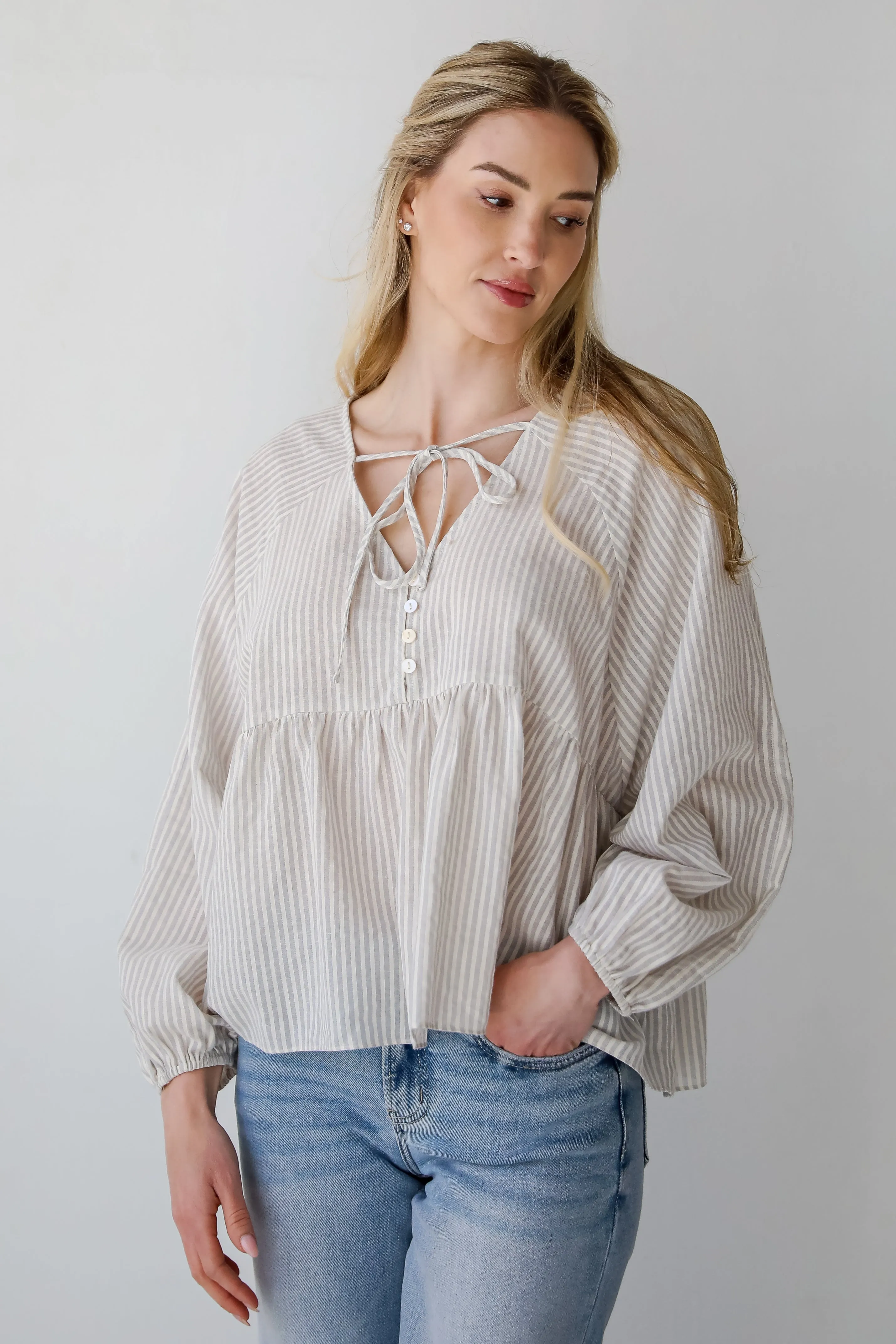 Casually Sophisticated Grey Striped Babydoll Blouse