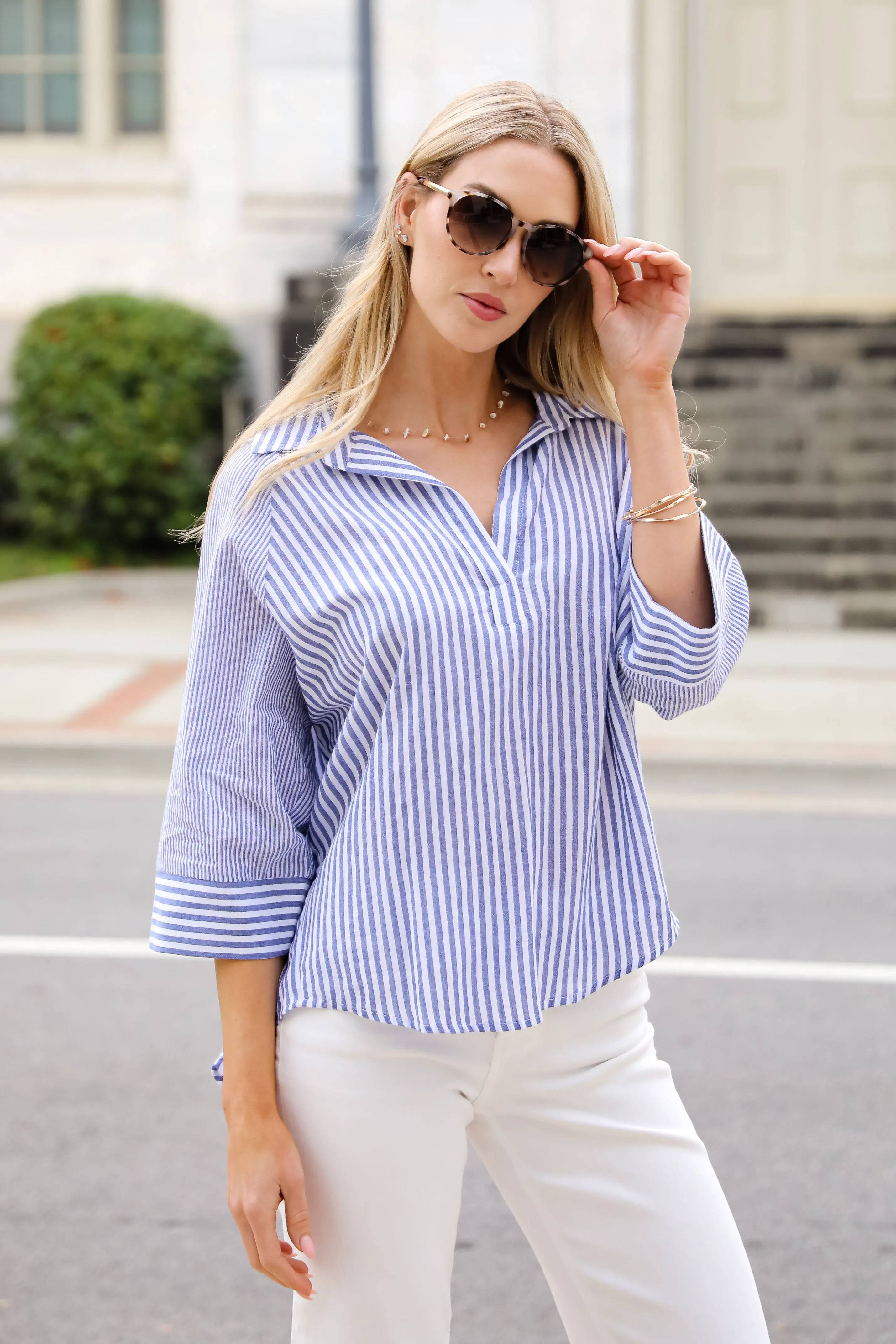 Constantly Trendy Denim Striped Blouse