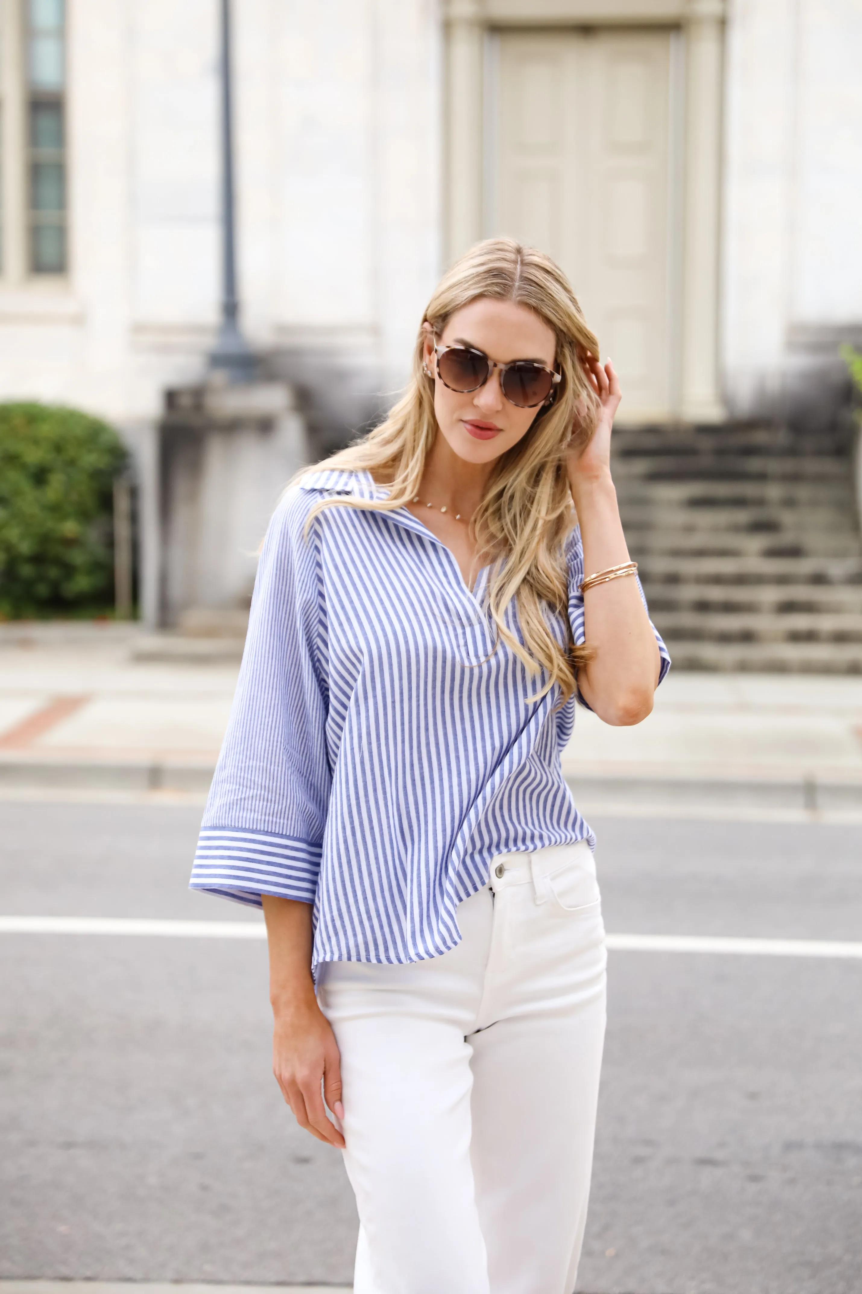 Constantly Trendy Denim Striped Blouse