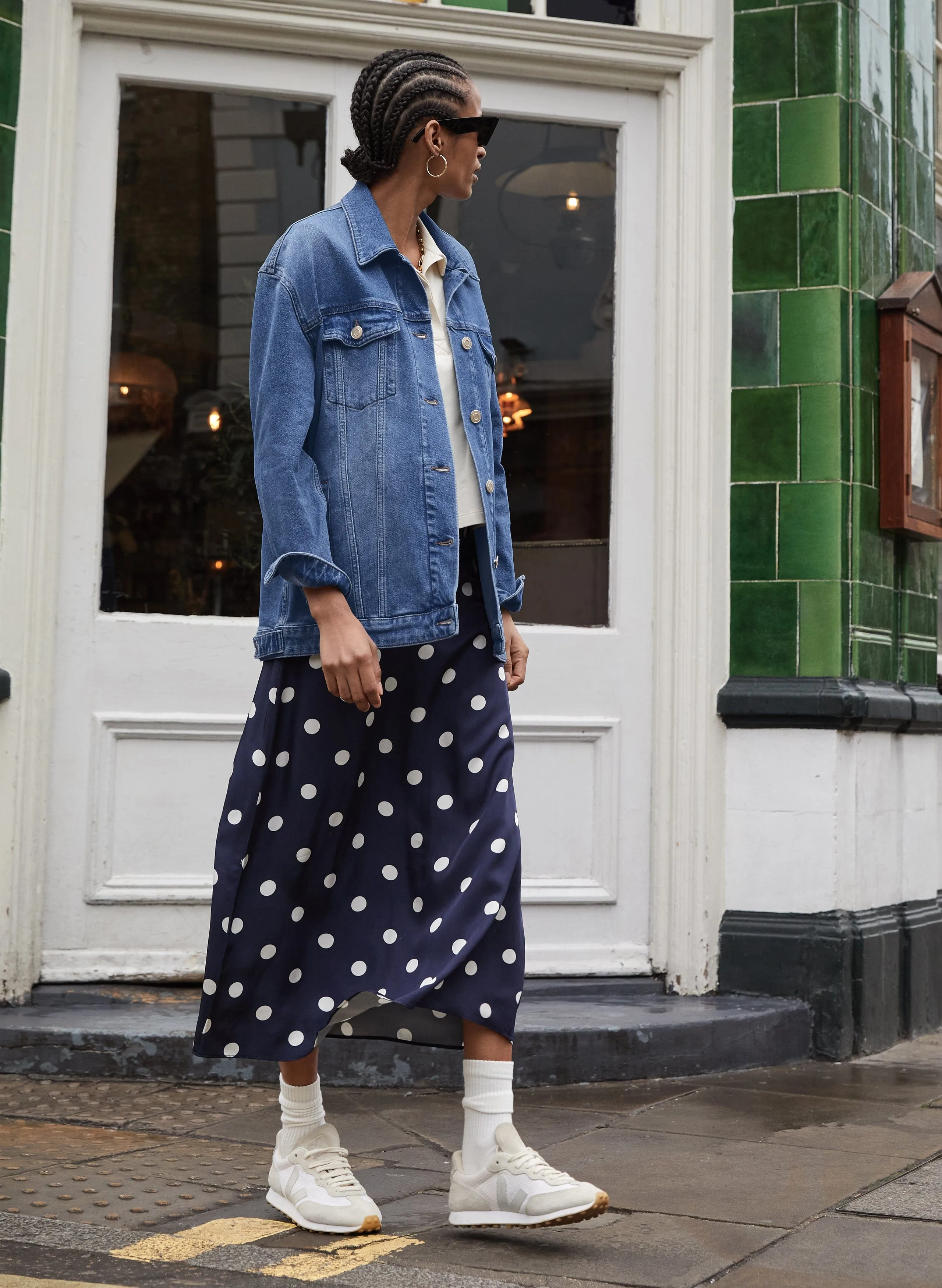Doris Satin Skirt | Navy Big Polka