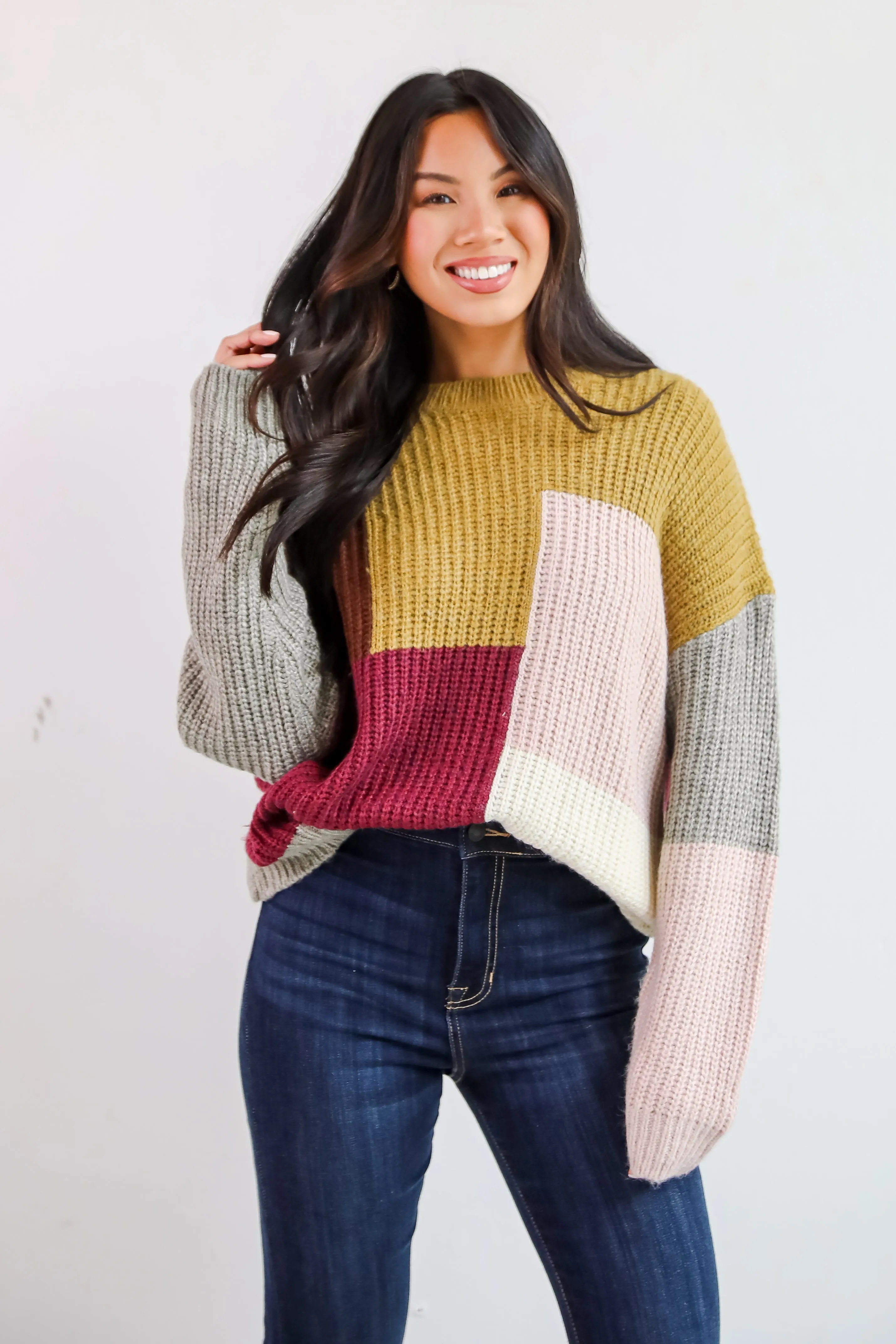 FINAL SALE - Adorable Expression Burgundy Color Block Sweater