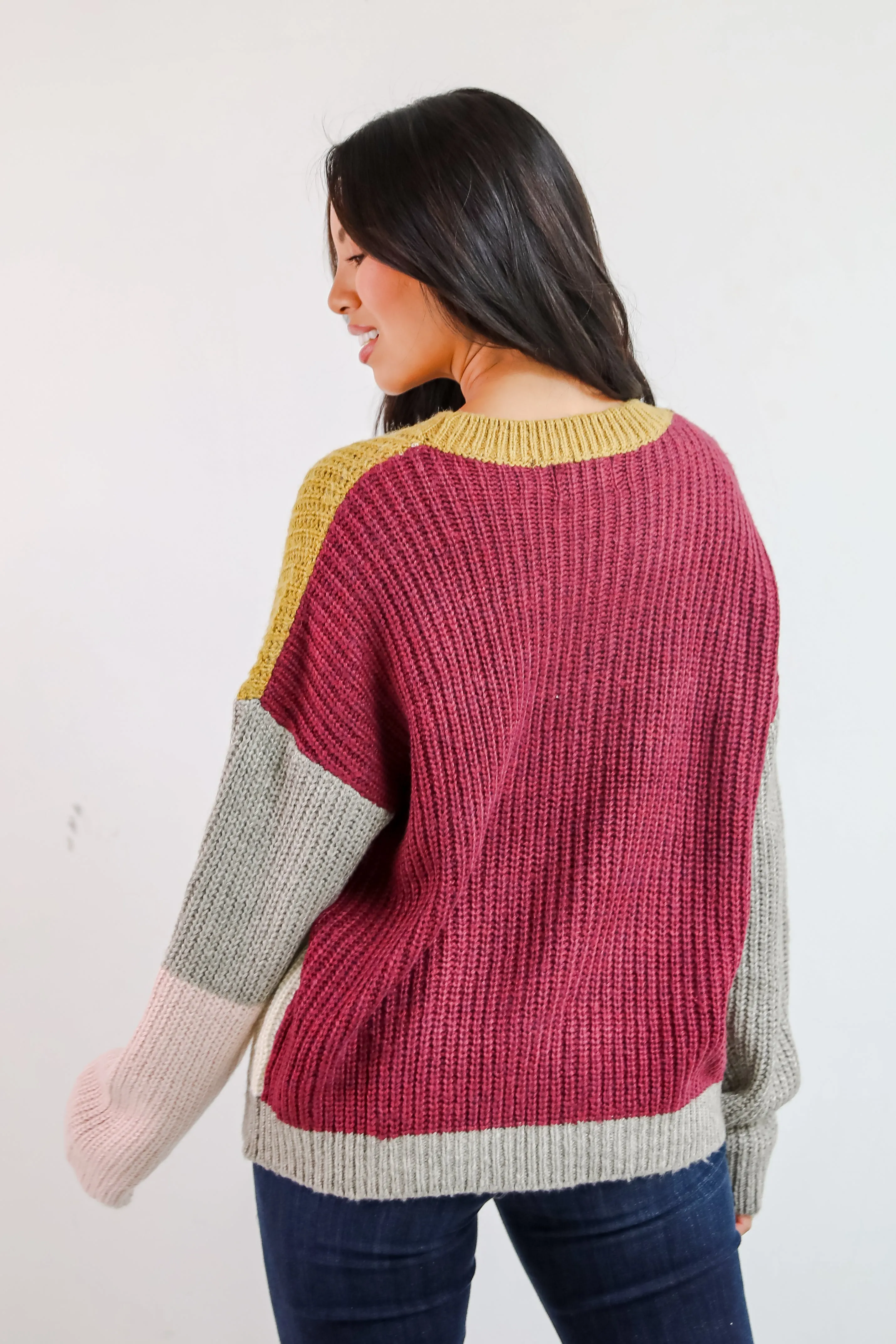 FINAL SALE - Adorable Expression Burgundy Color Block Sweater