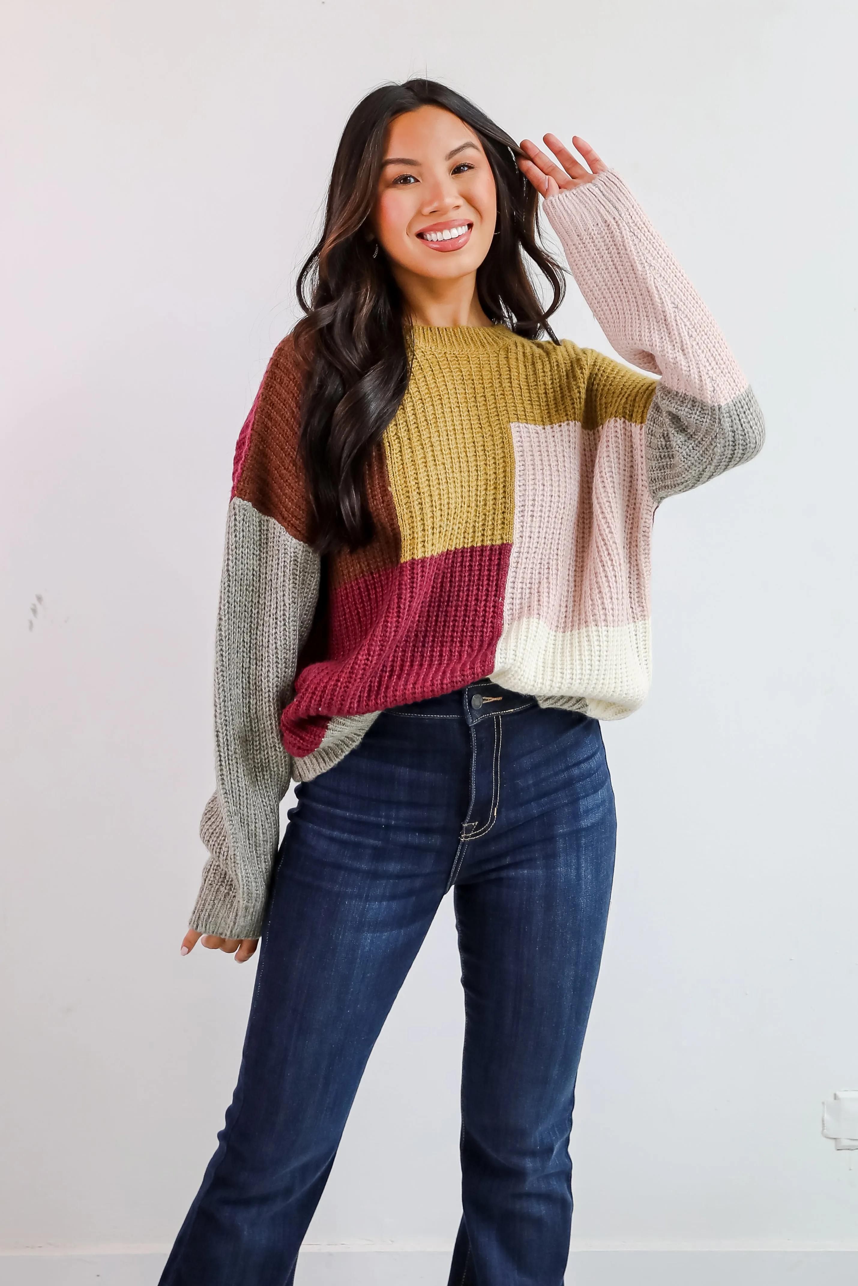 FINAL SALE - Adorable Expression Burgundy Color Block Sweater