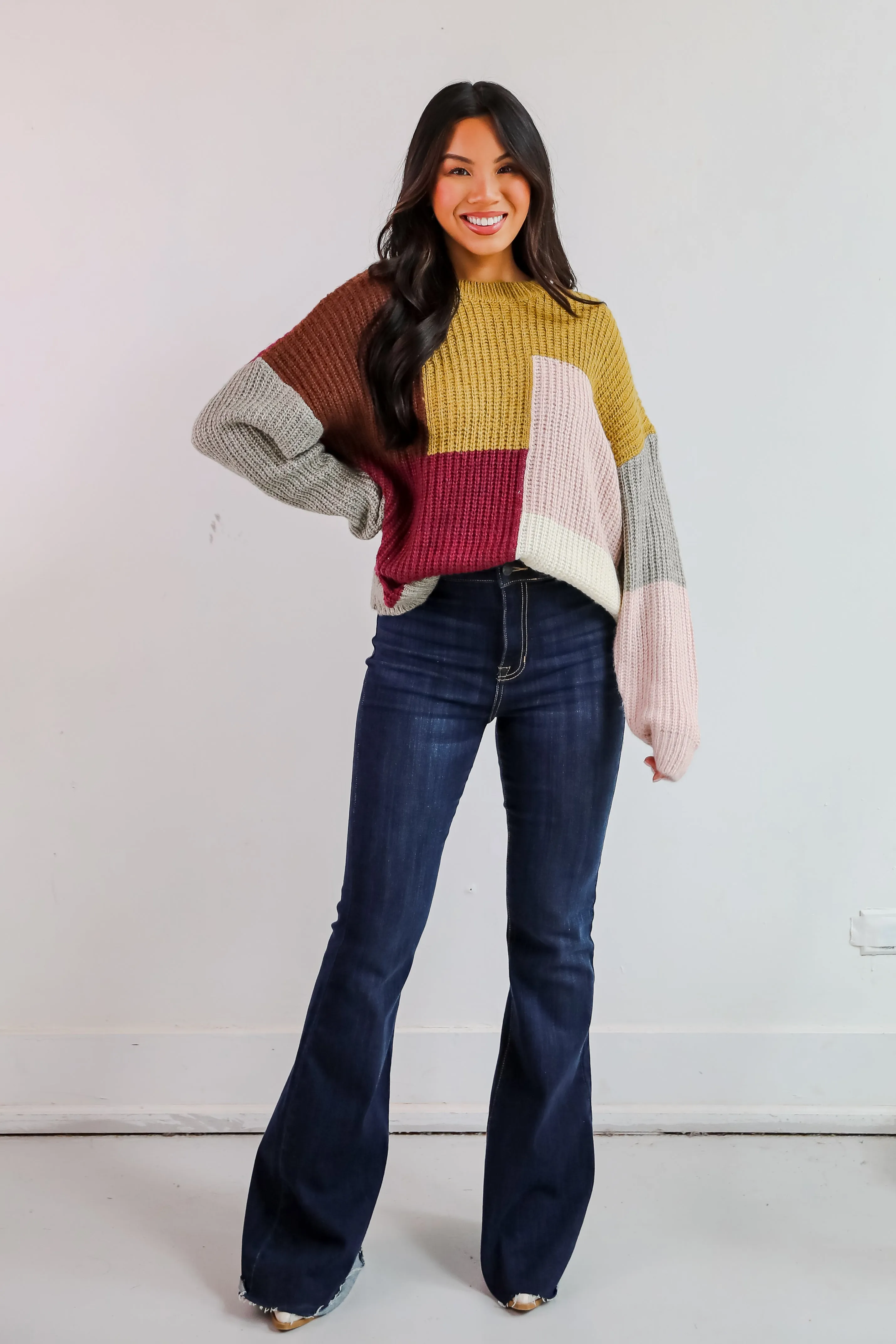 FINAL SALE - Adorable Expression Burgundy Color Block Sweater