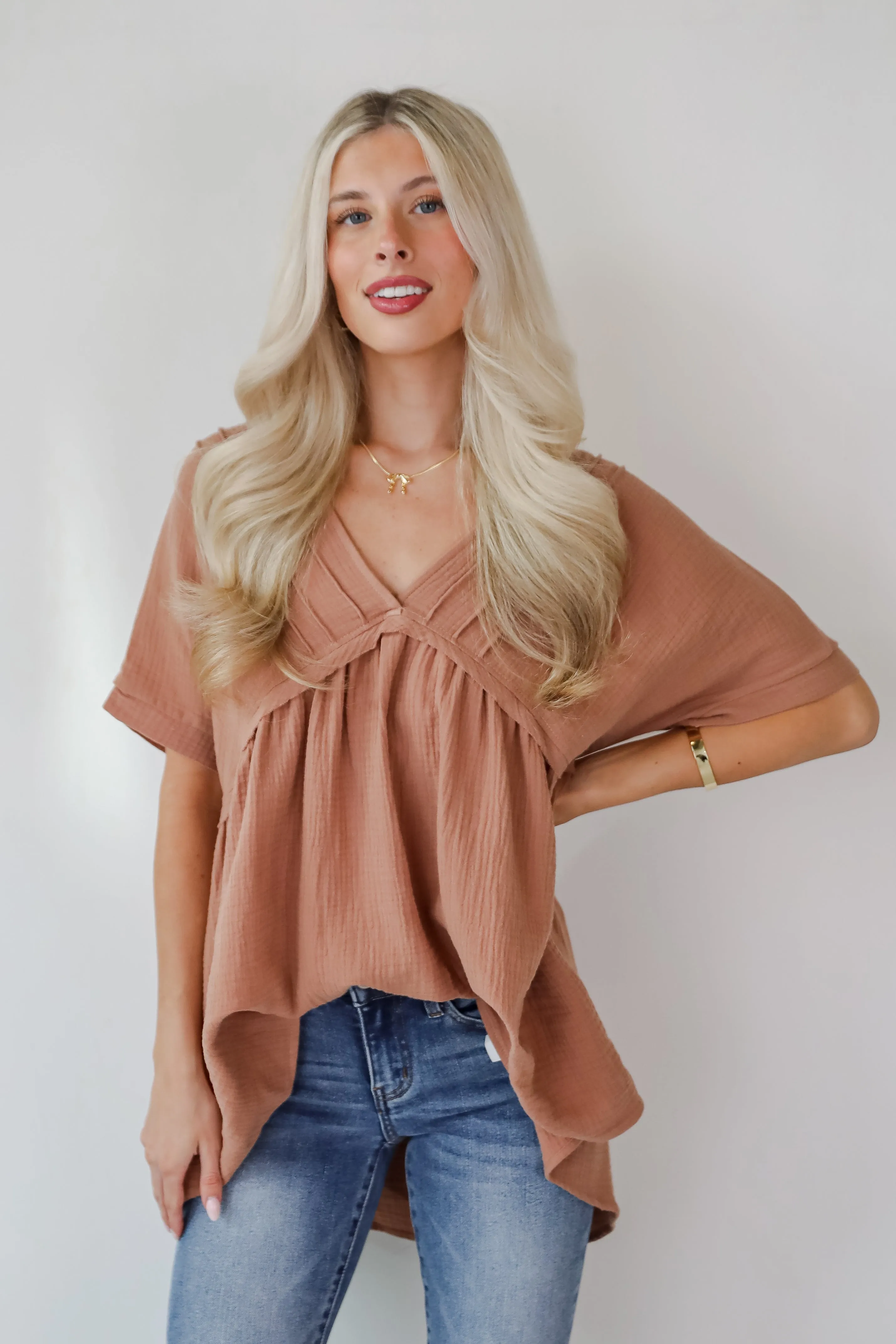 FINAL SALE - Adorably Playful Mocha Linen Babydoll Blouse