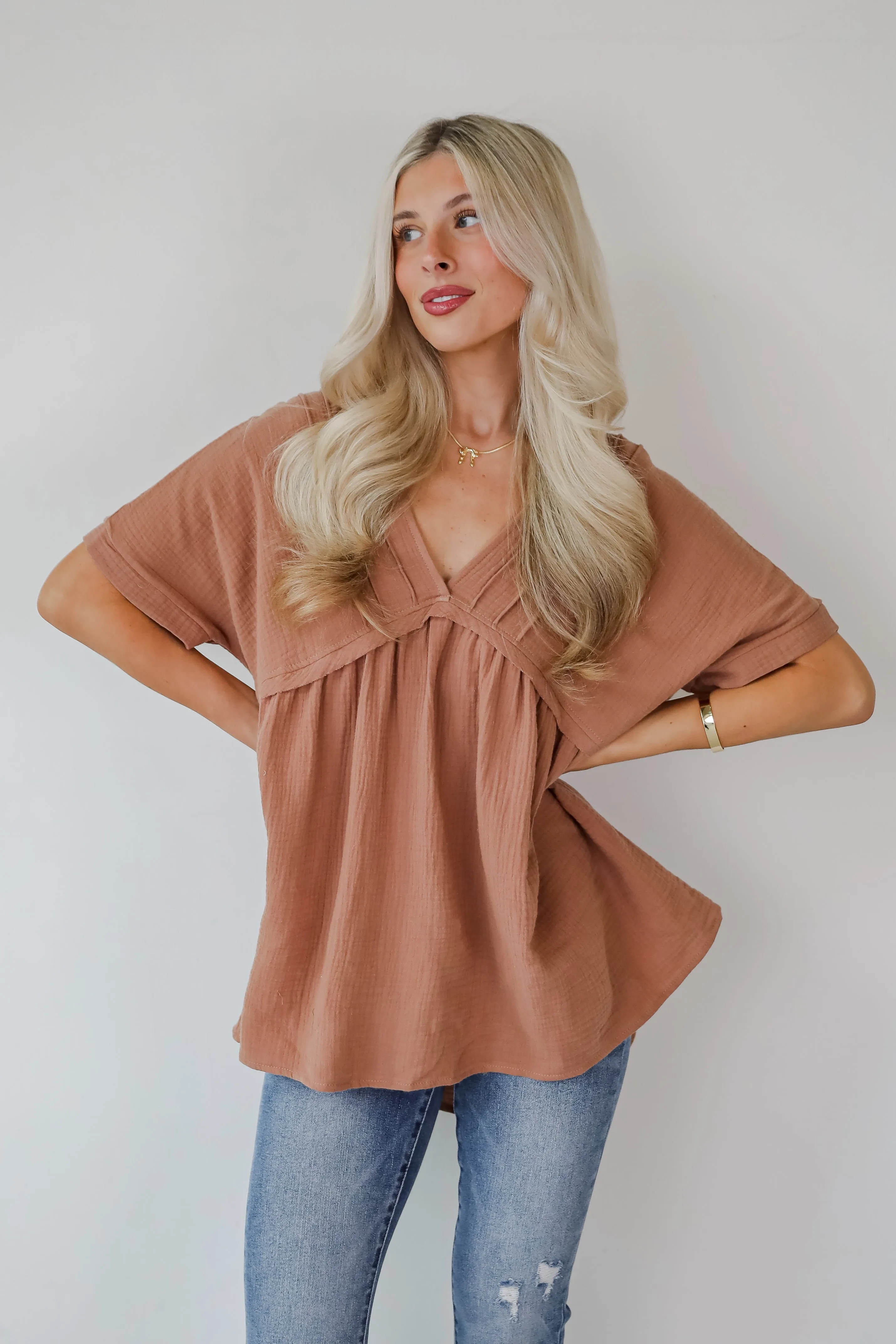 FINAL SALE - Adorably Playful Mocha Linen Babydoll Blouse