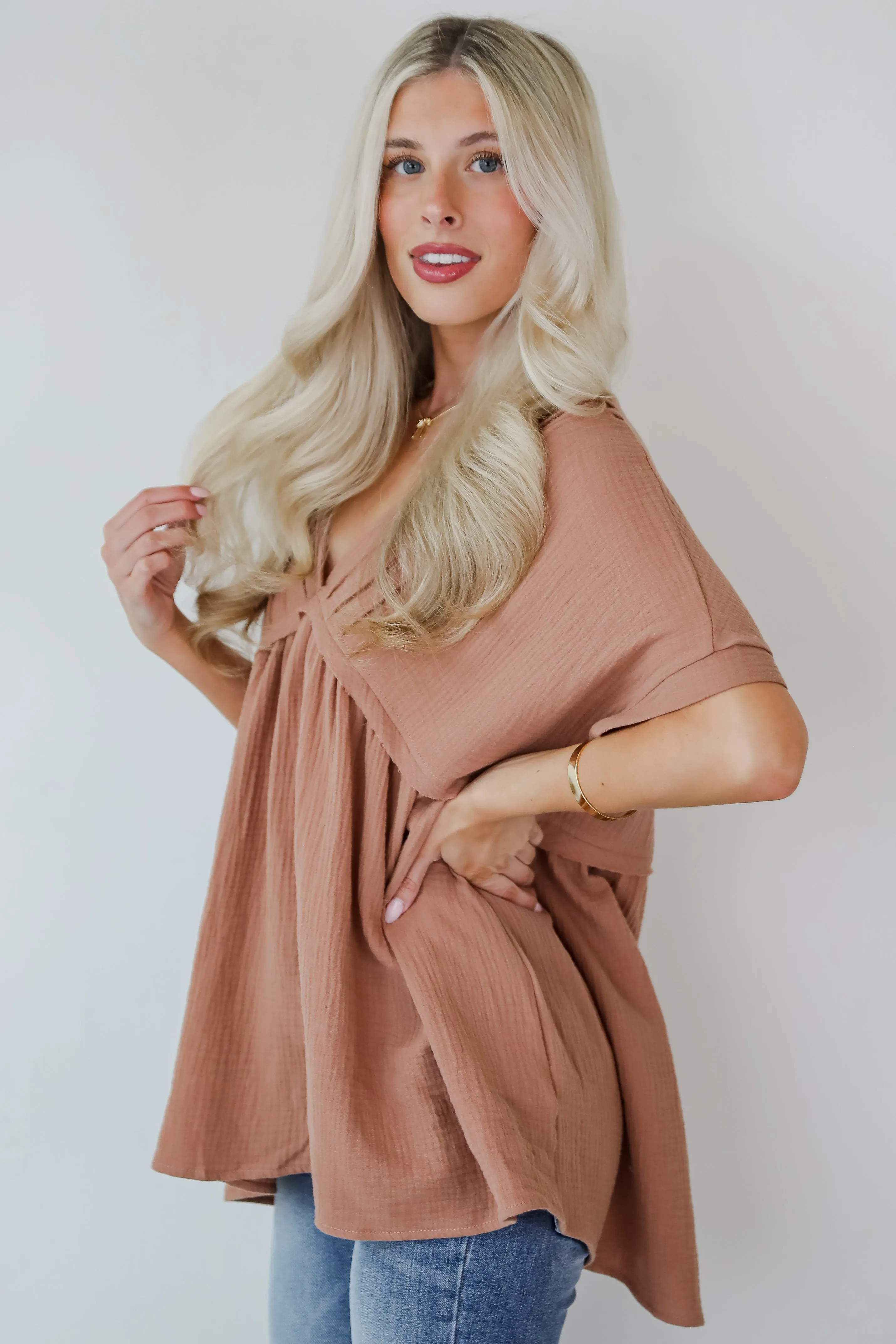 FINAL SALE - Adorably Playful Mocha Linen Babydoll Blouse
