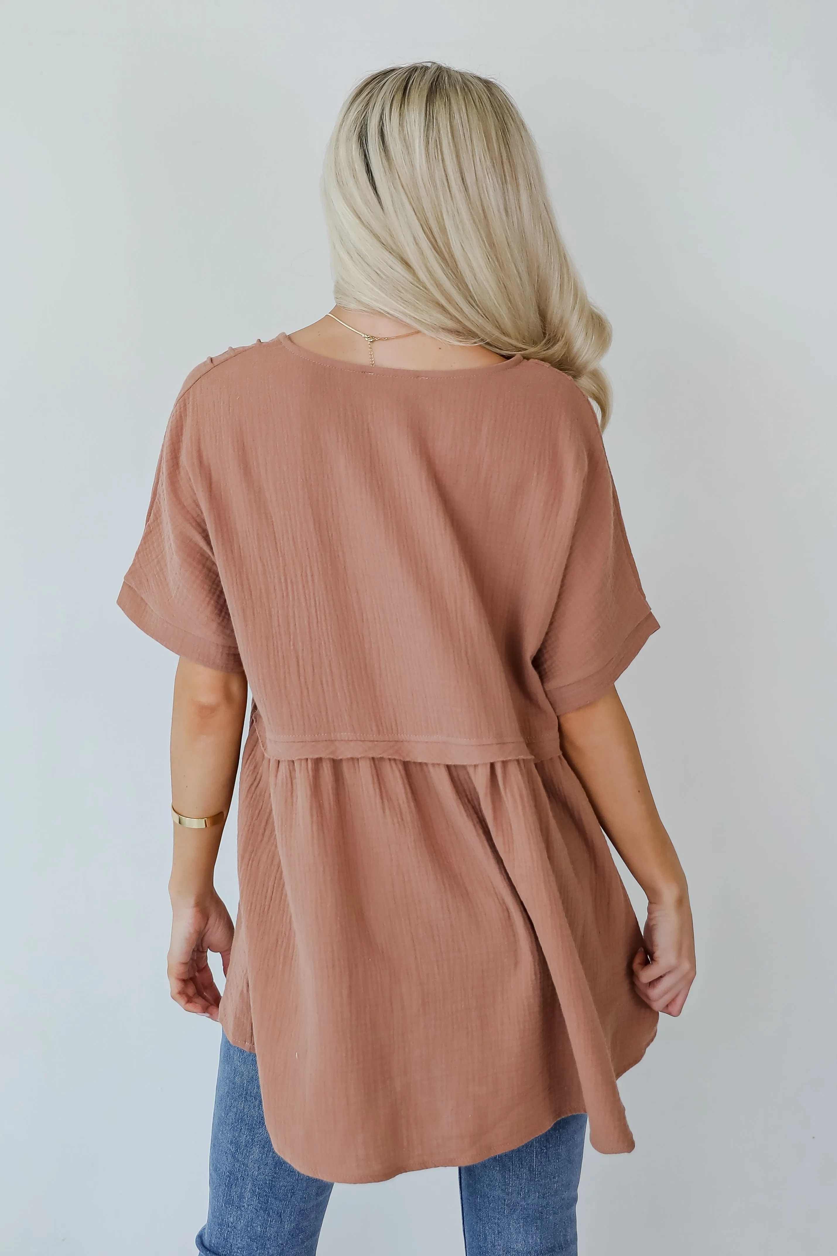 FINAL SALE - Adorably Playful Mocha Linen Babydoll Blouse