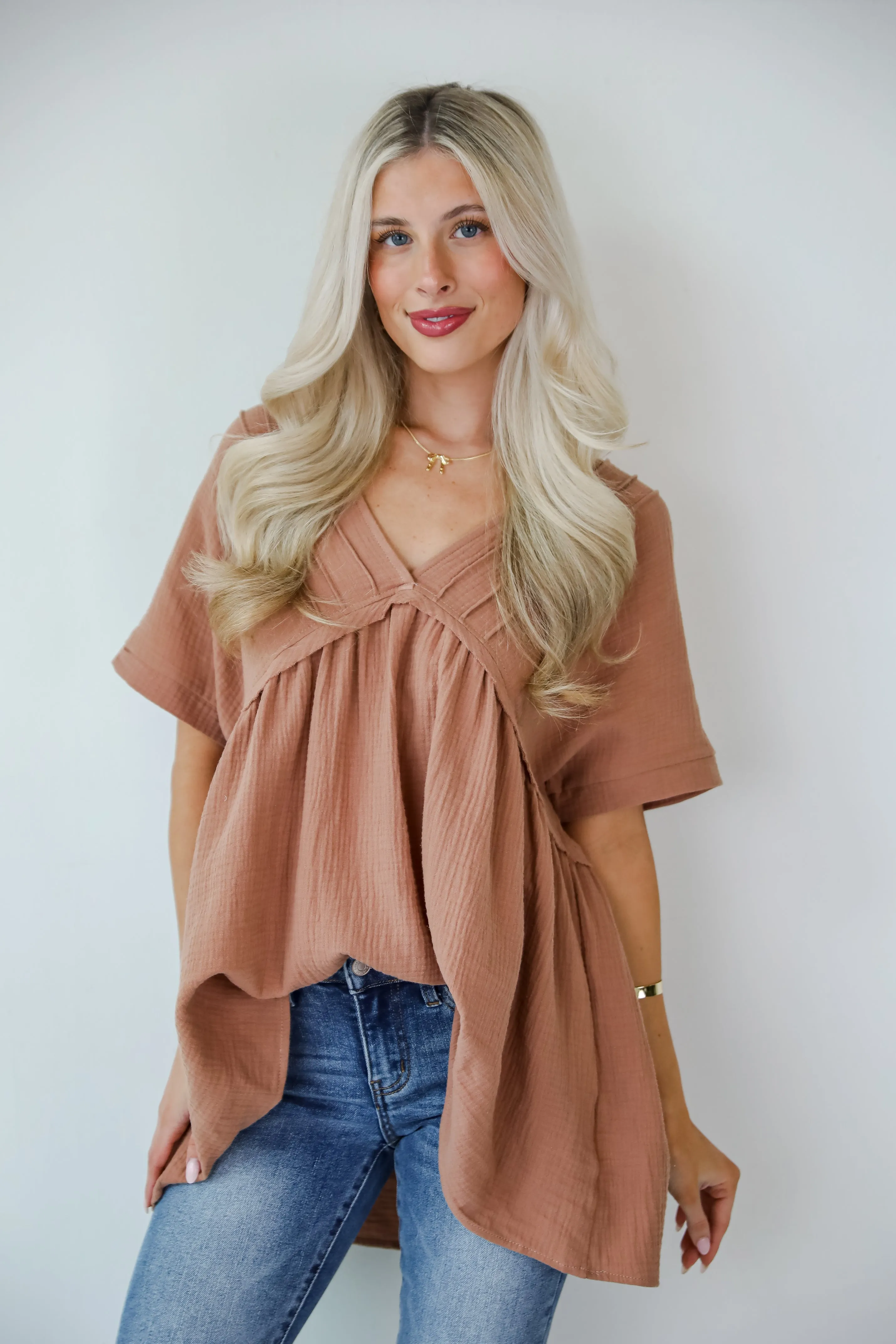 FINAL SALE - Adorably Playful Mocha Linen Babydoll Blouse