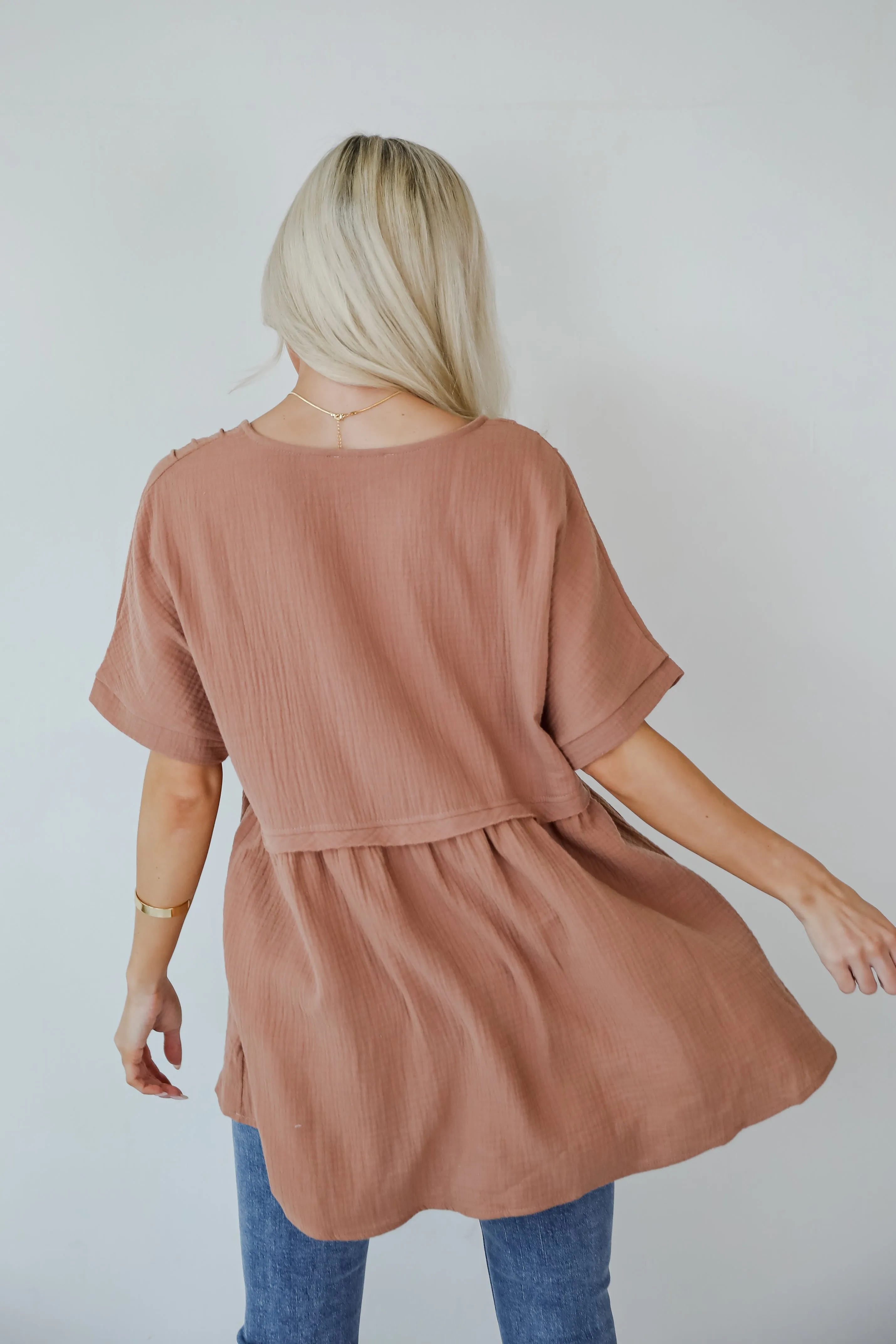 FINAL SALE - Adorably Playful Mocha Linen Babydoll Blouse