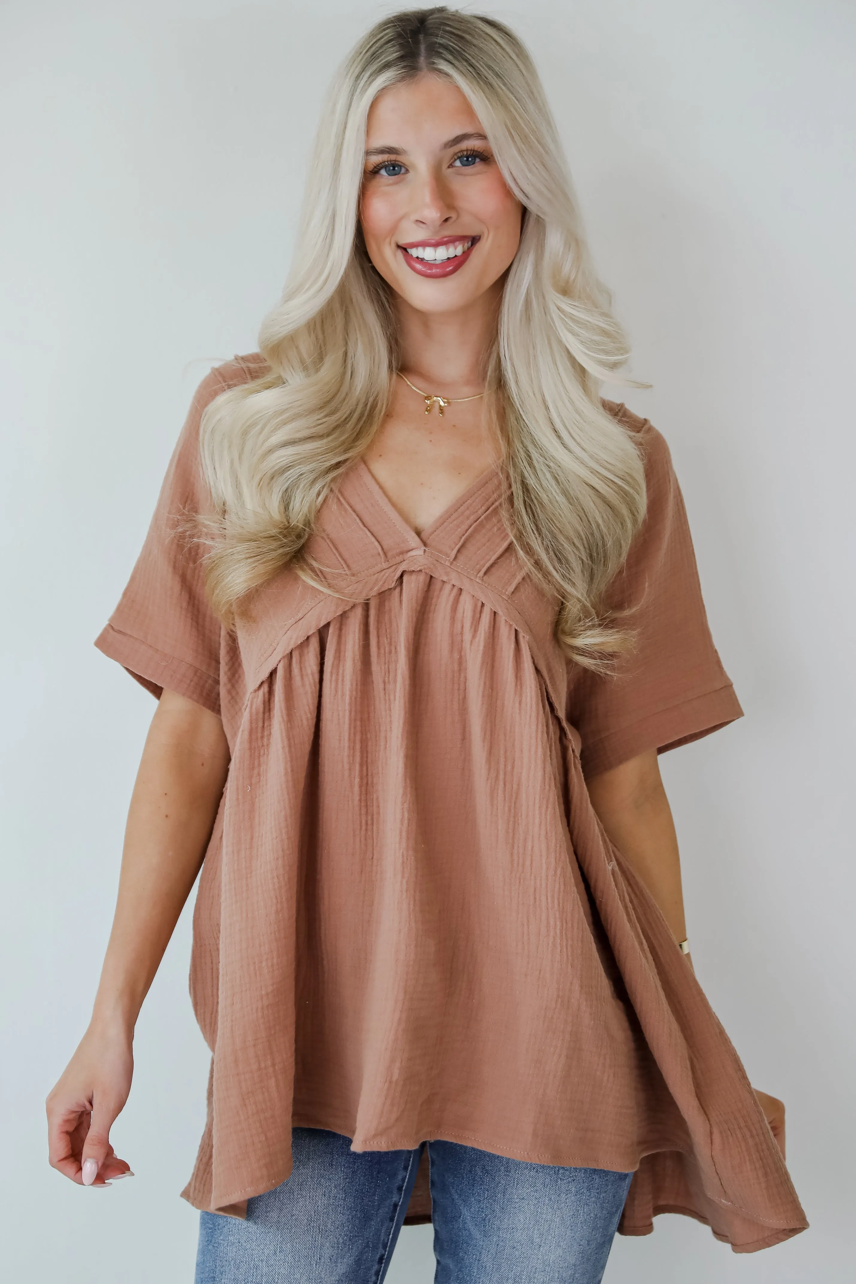 FINAL SALE - Adorably Playful Mocha Linen Babydoll Blouse