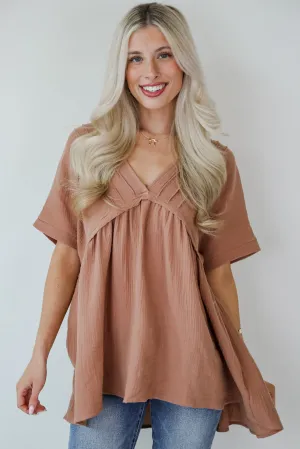 FINAL SALE - Adorably Playful Mocha Linen Babydoll Blouse