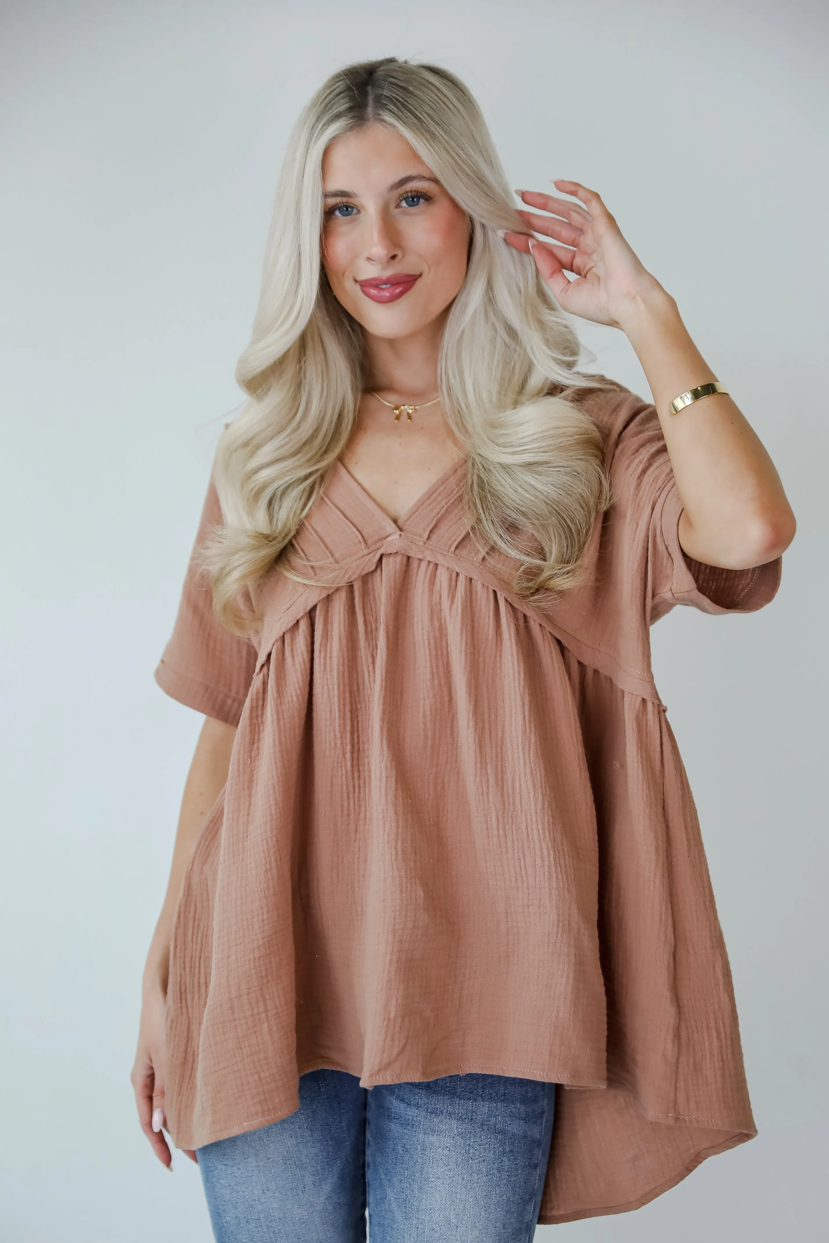 FINAL SALE - Adorably Playful Mocha Linen Babydoll Blouse
