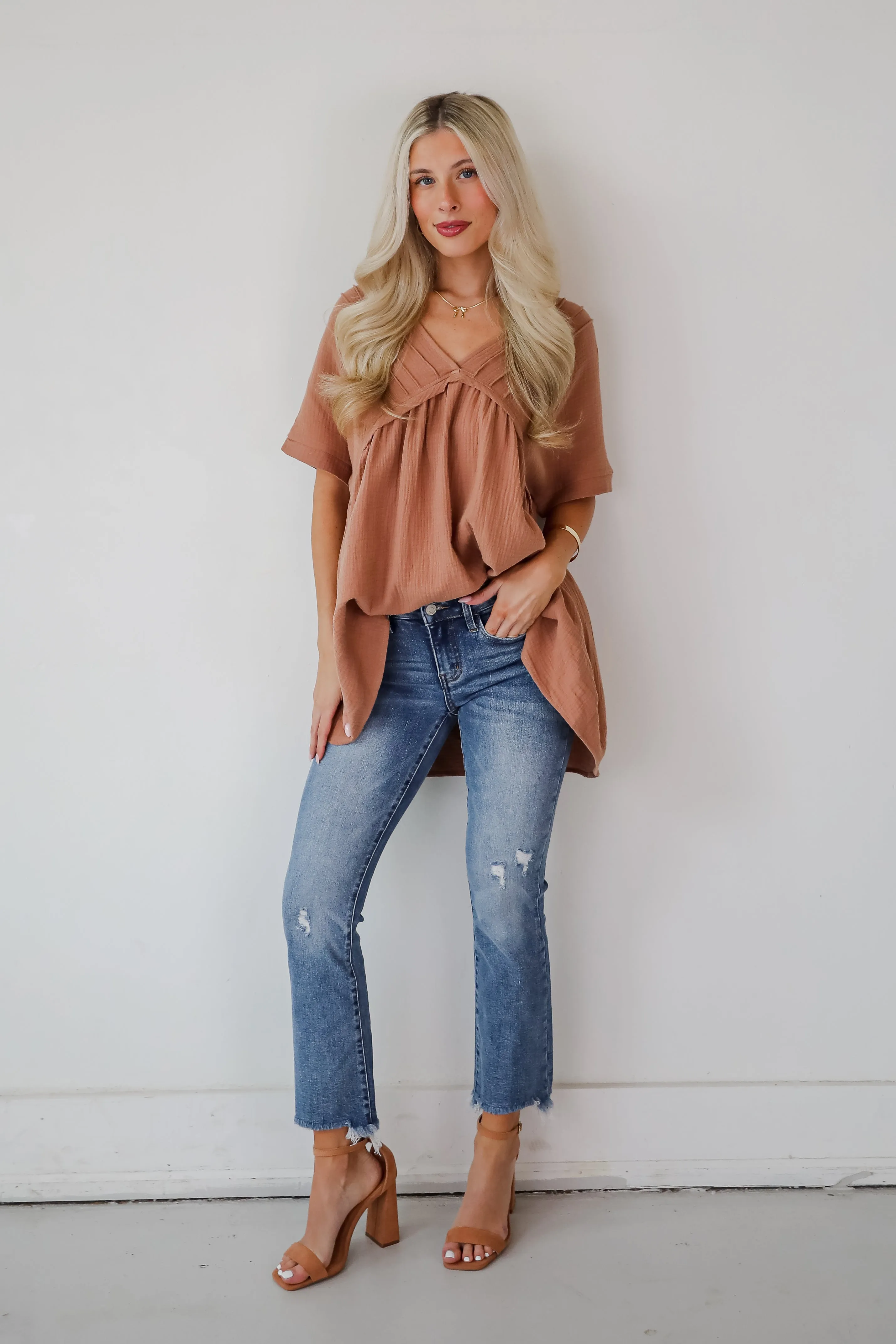 FINAL SALE - Adorably Playful Mocha Linen Babydoll Blouse