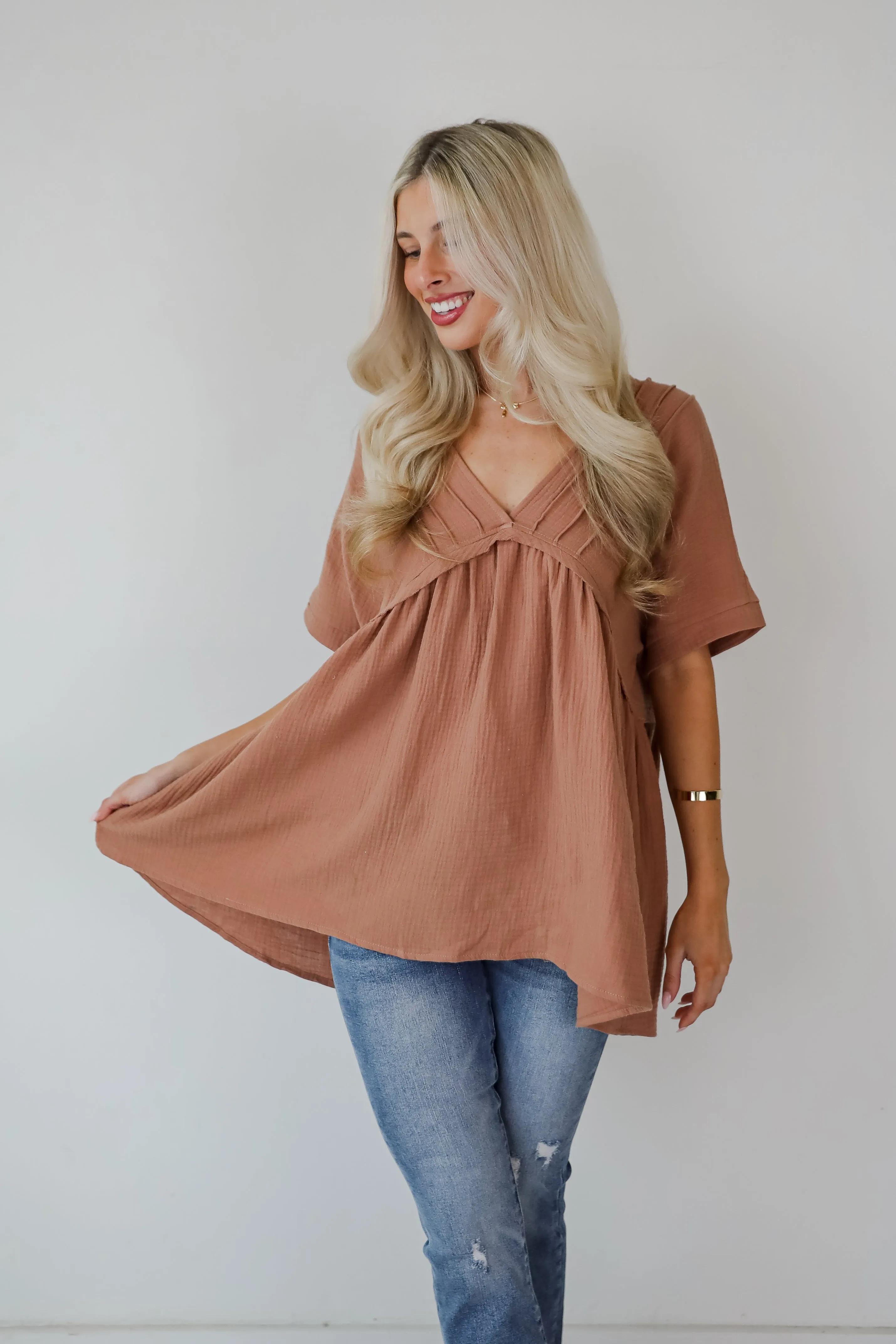 FINAL SALE - Adorably Playful Mocha Linen Babydoll Blouse