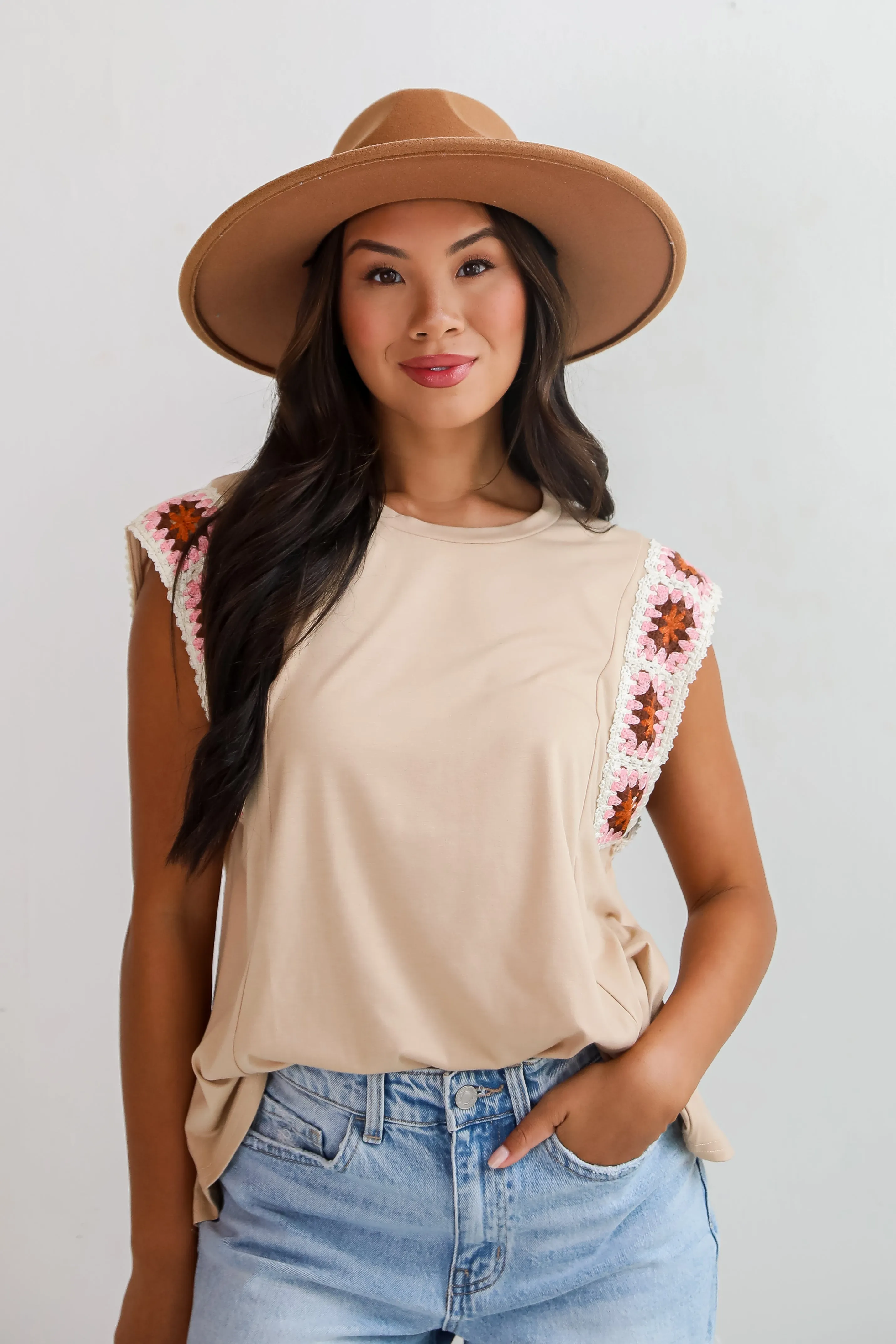 FINAL SALE - Adored Cutie Mocha Crochet Sleeve Top - DU DEAL
